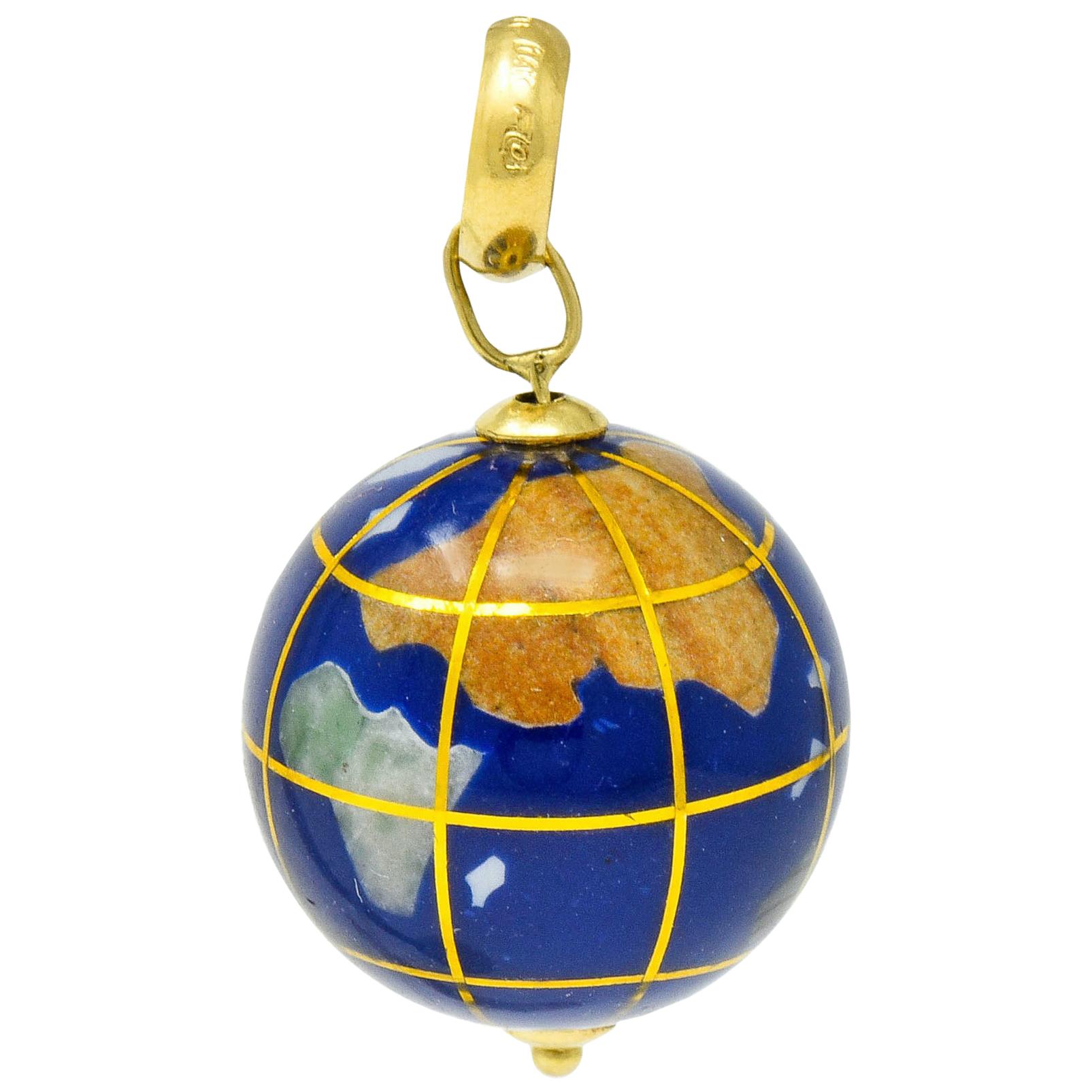 Vintage Shell Inlay Italian 14 Karat Gold Articulated Globe Pendant Charm