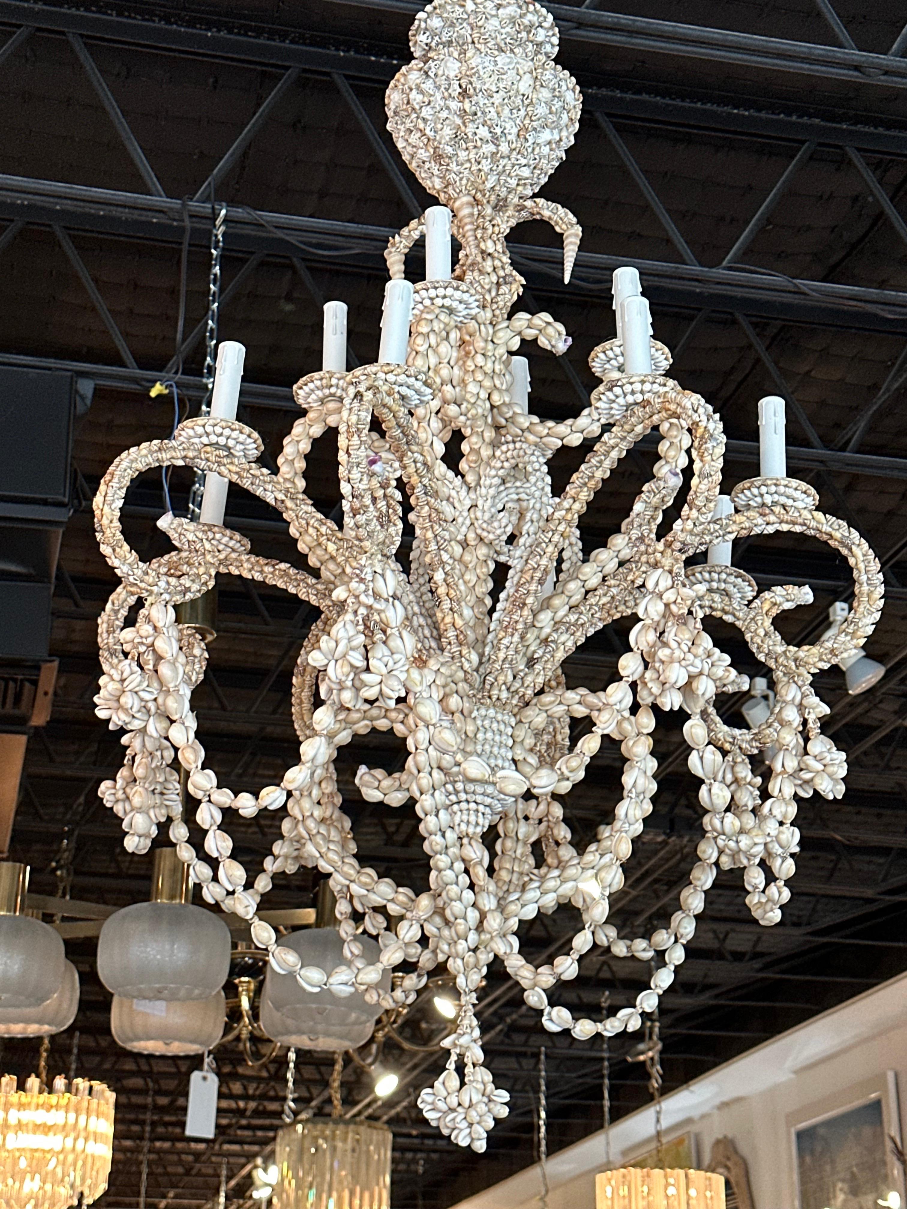 Vintage Shell Seashell Encrusted Coastal Palm Beach 12 Light Chandelier 4