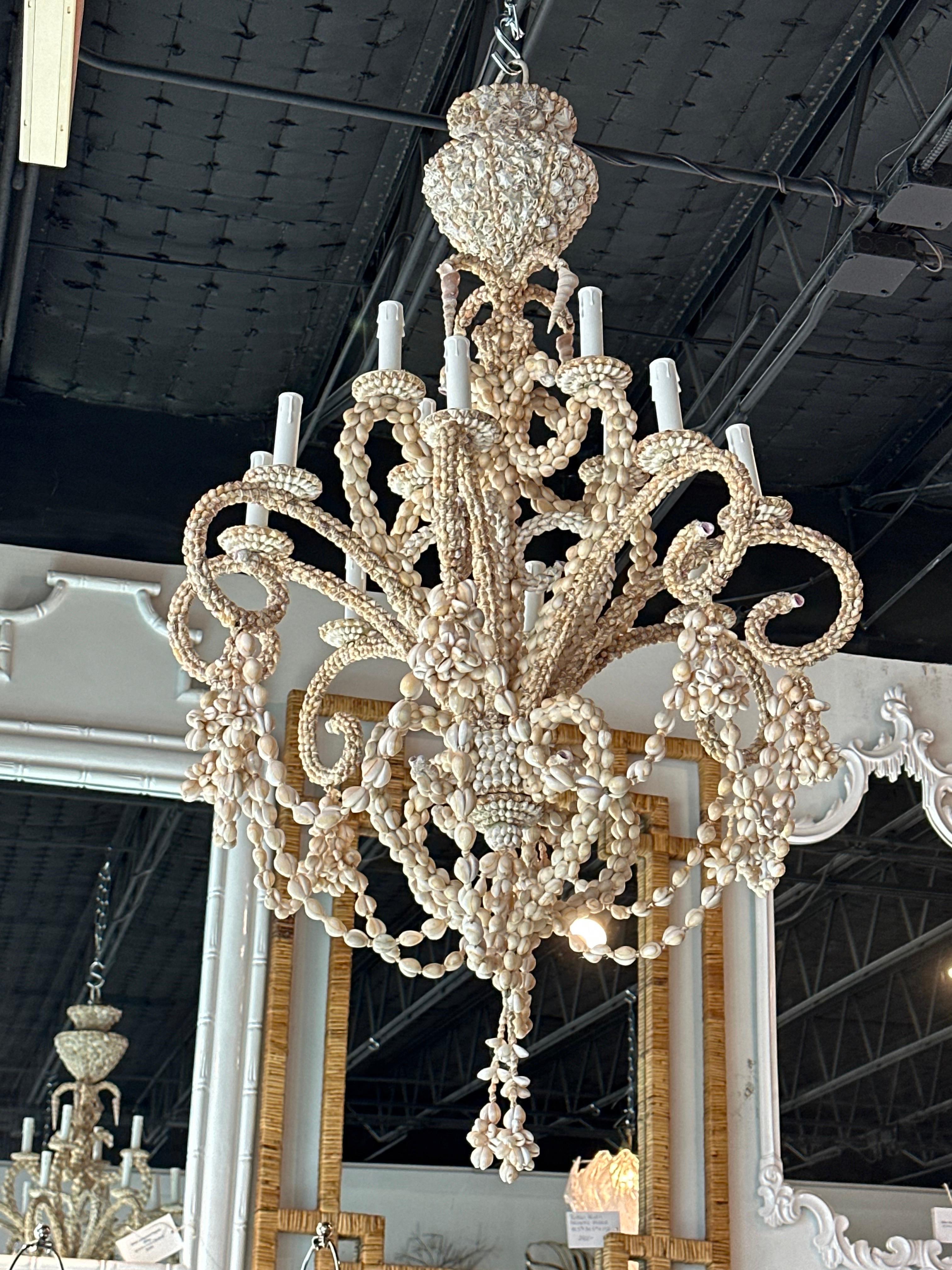 Vintage Shell Seashell Encrusted Coastal Palm Beach 12 Light Chandelier 4