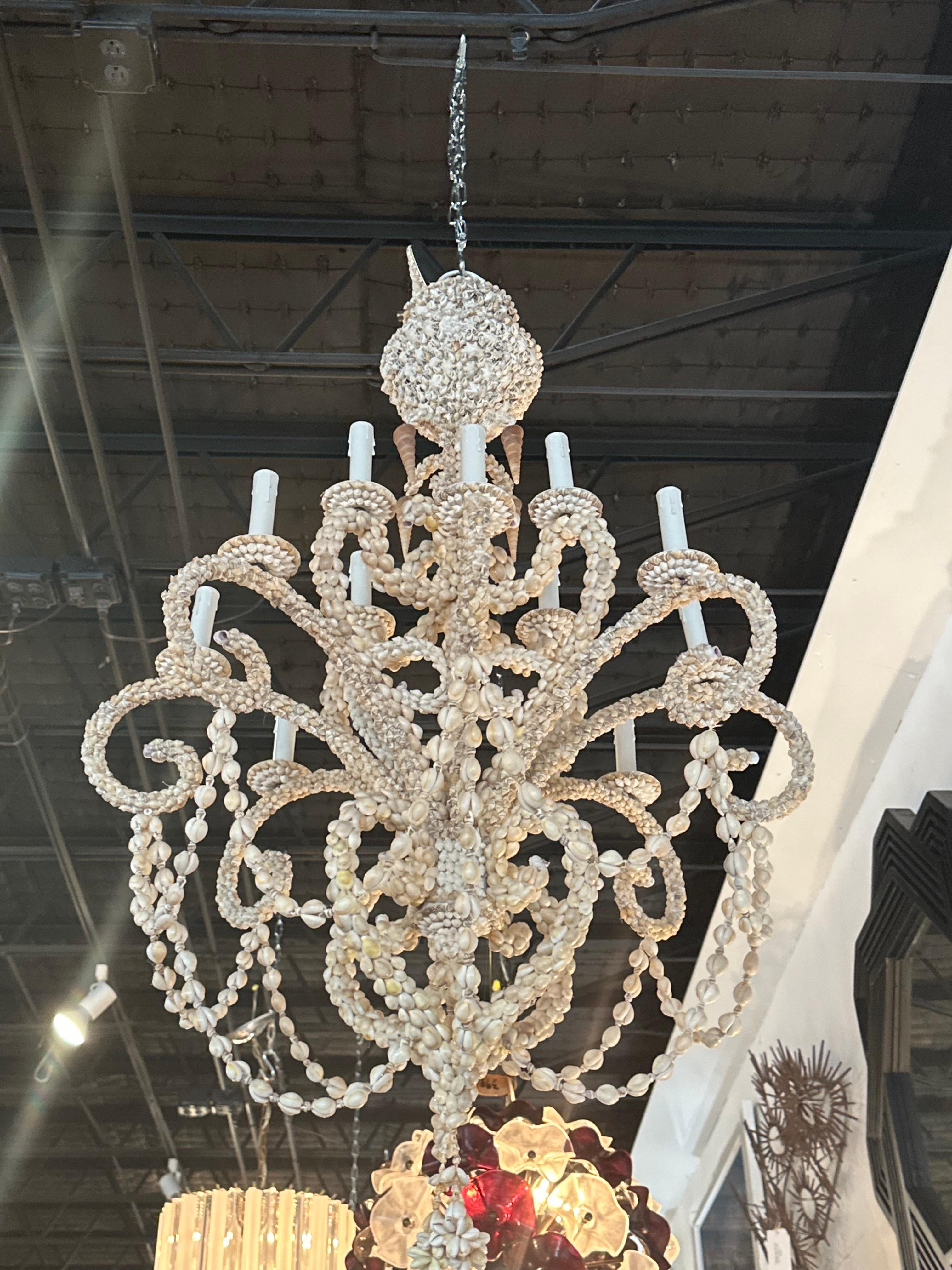 Vintage Shell Seashell Encrusted Coastal Palm Beach 12 Light Chandelier For Sale 4