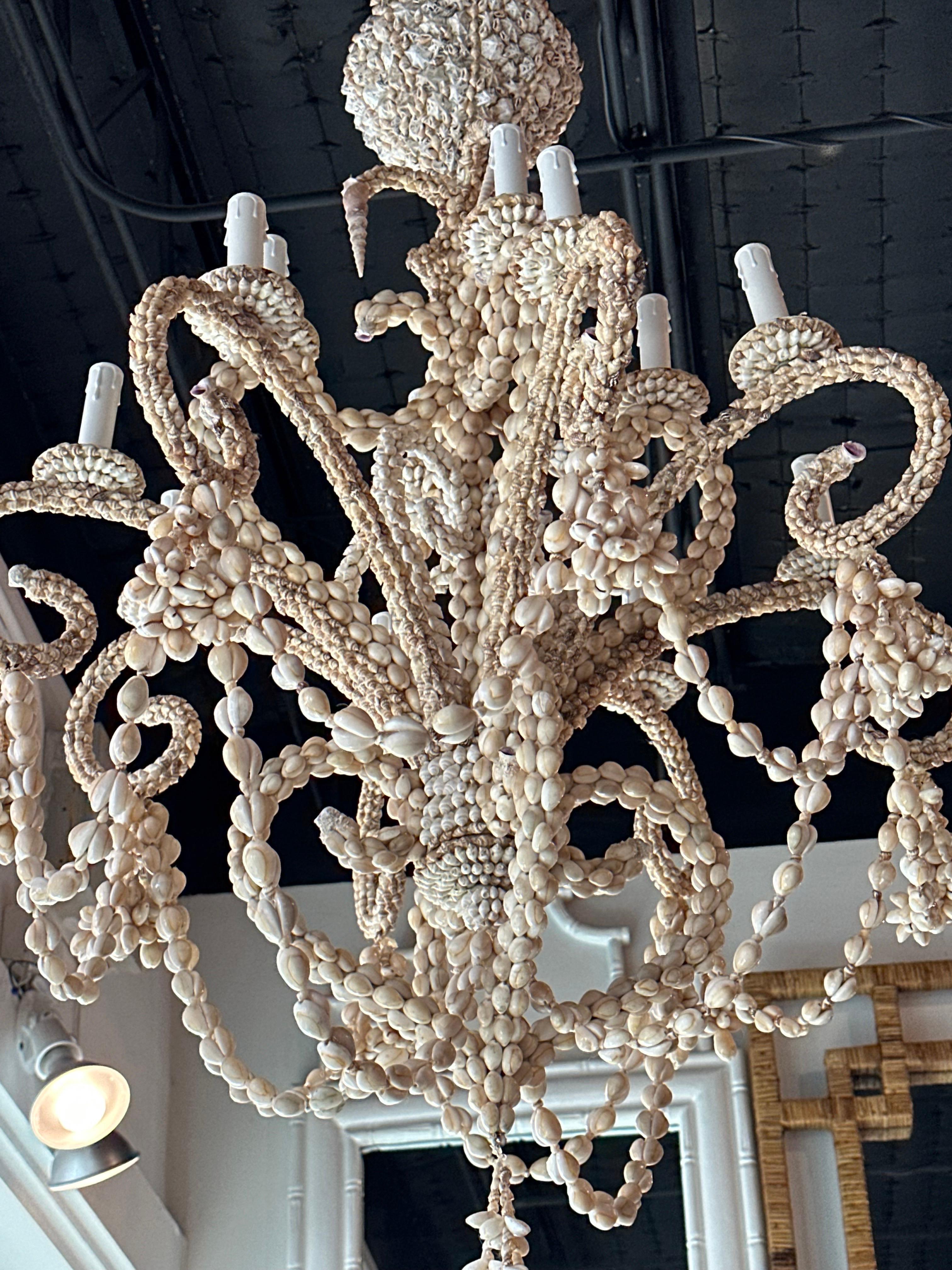 Vintage Shell Seashell Encrusted Coastal Palm Beach 12 Light Chandelier 5