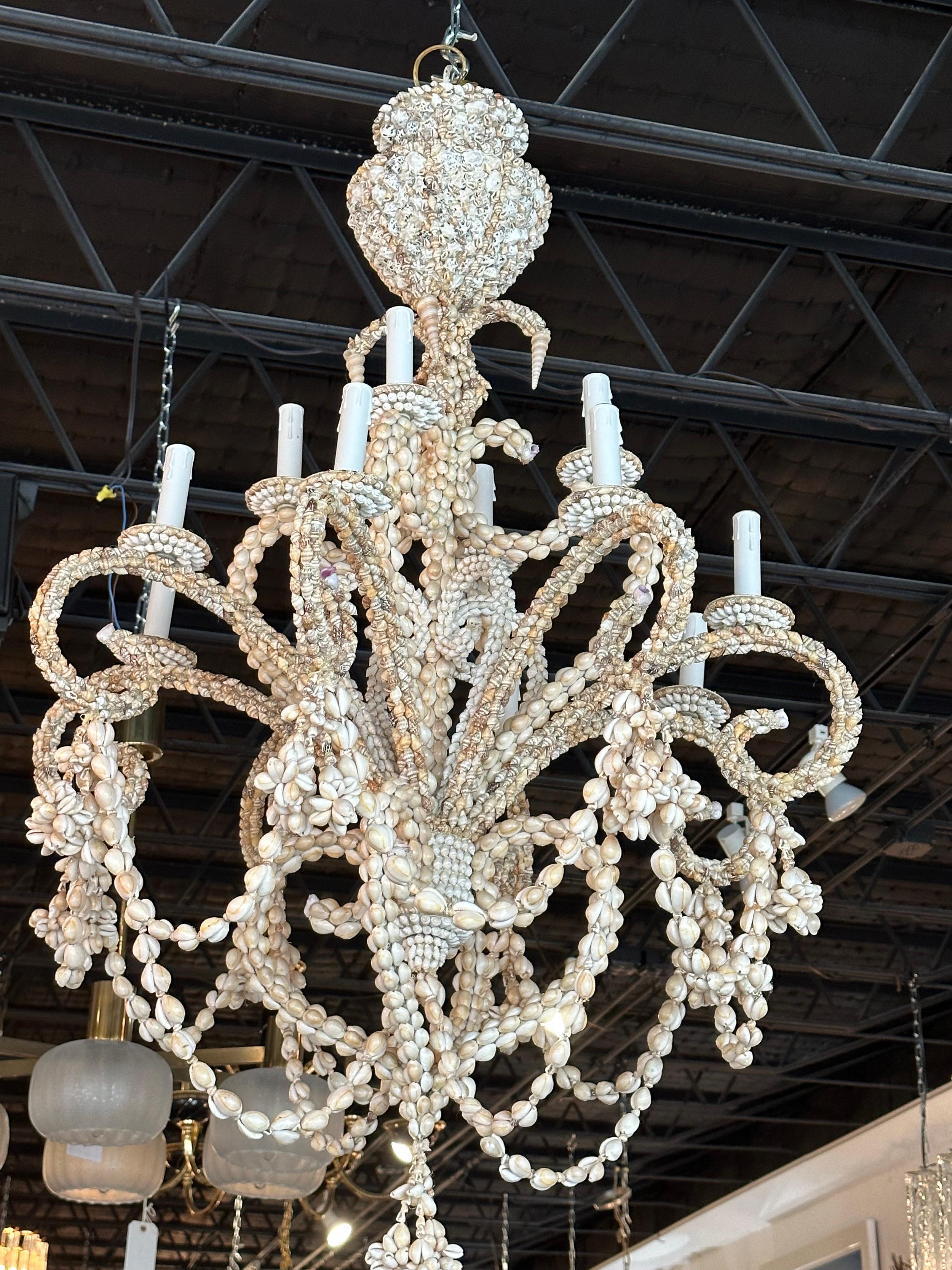 Vintage Shell Seashell Encrusted Coastal Palm Beach 12 Light Chandelier 6