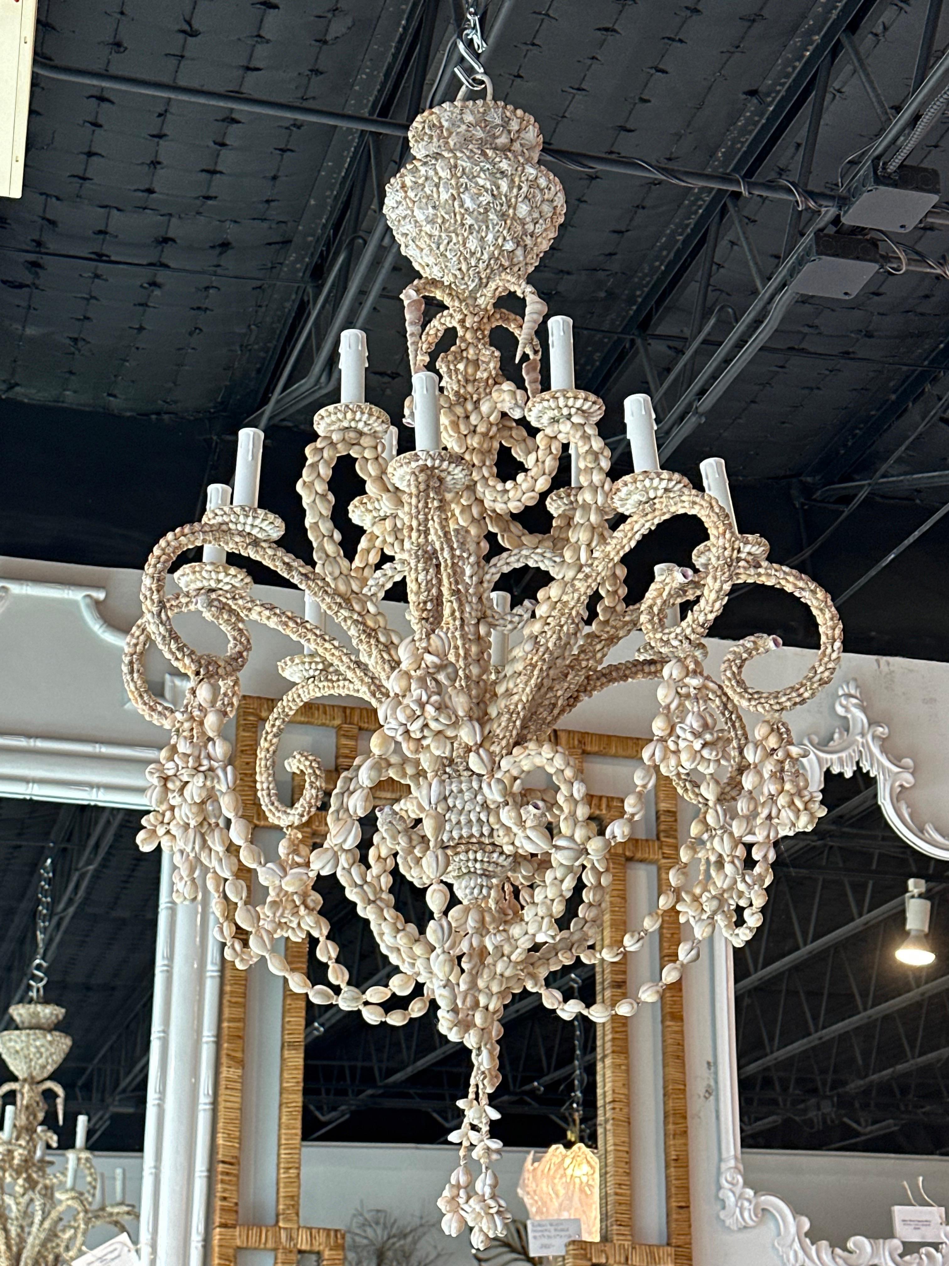 Vintage Shell Seashell Encrusted Coastal Palm Beach 12 Light Chandelier 6