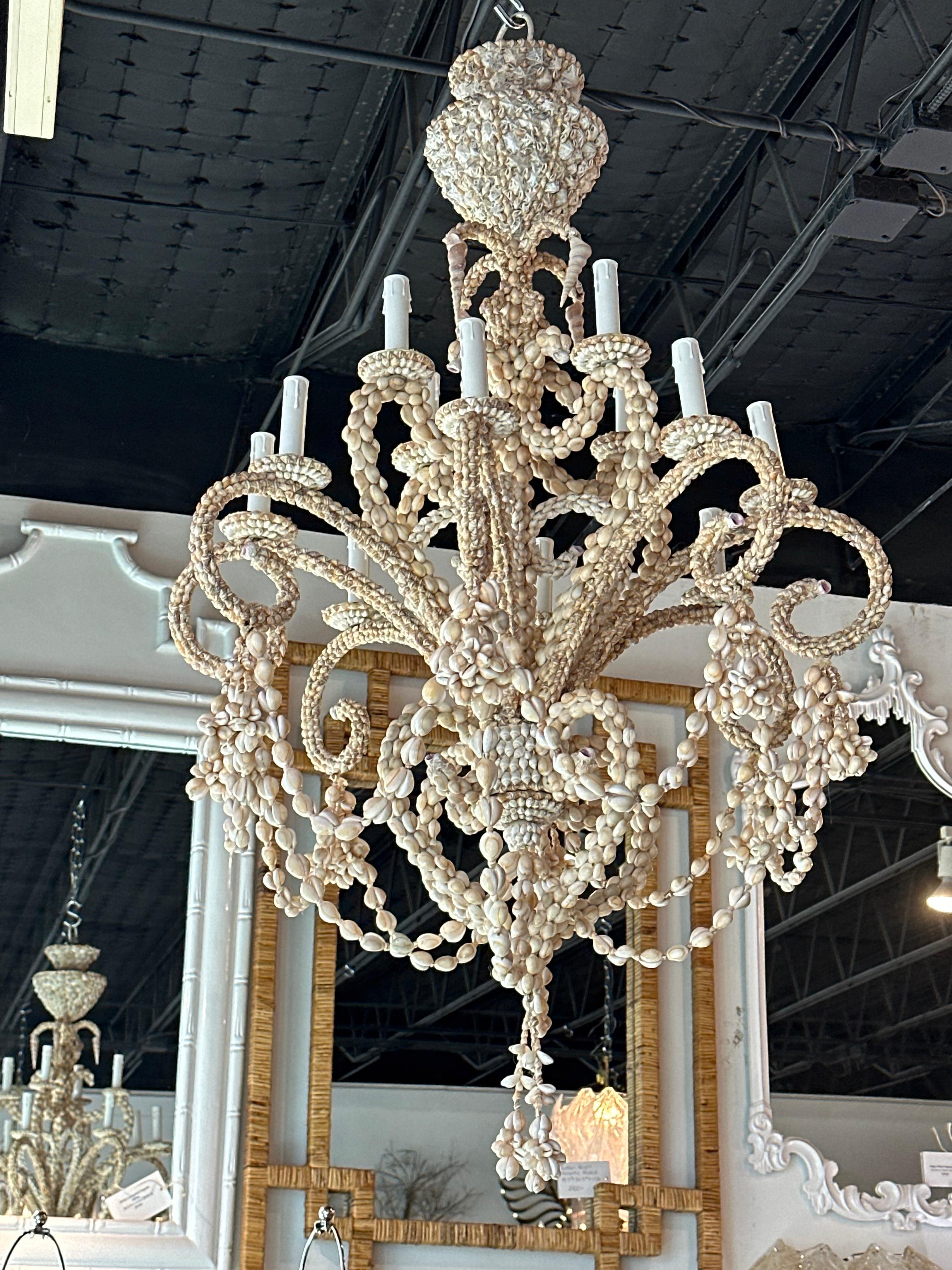 Vintage Shell Seashell Encrusted Coastal Palm Beach 12 Light Chandelier 7