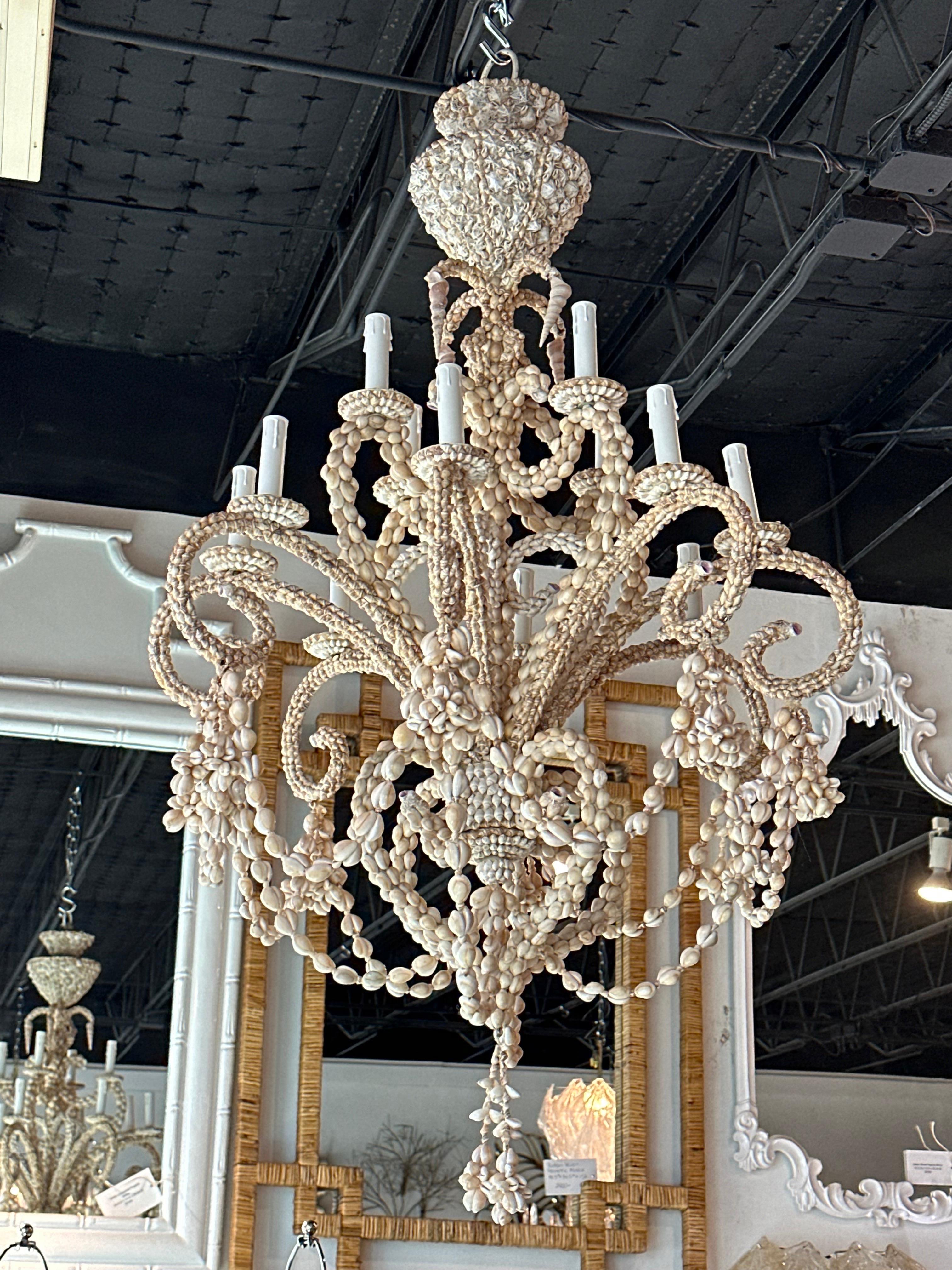 Vintage Shell Seashell Encrusted Coastal Palm Beach 12 Light Chandelier 8