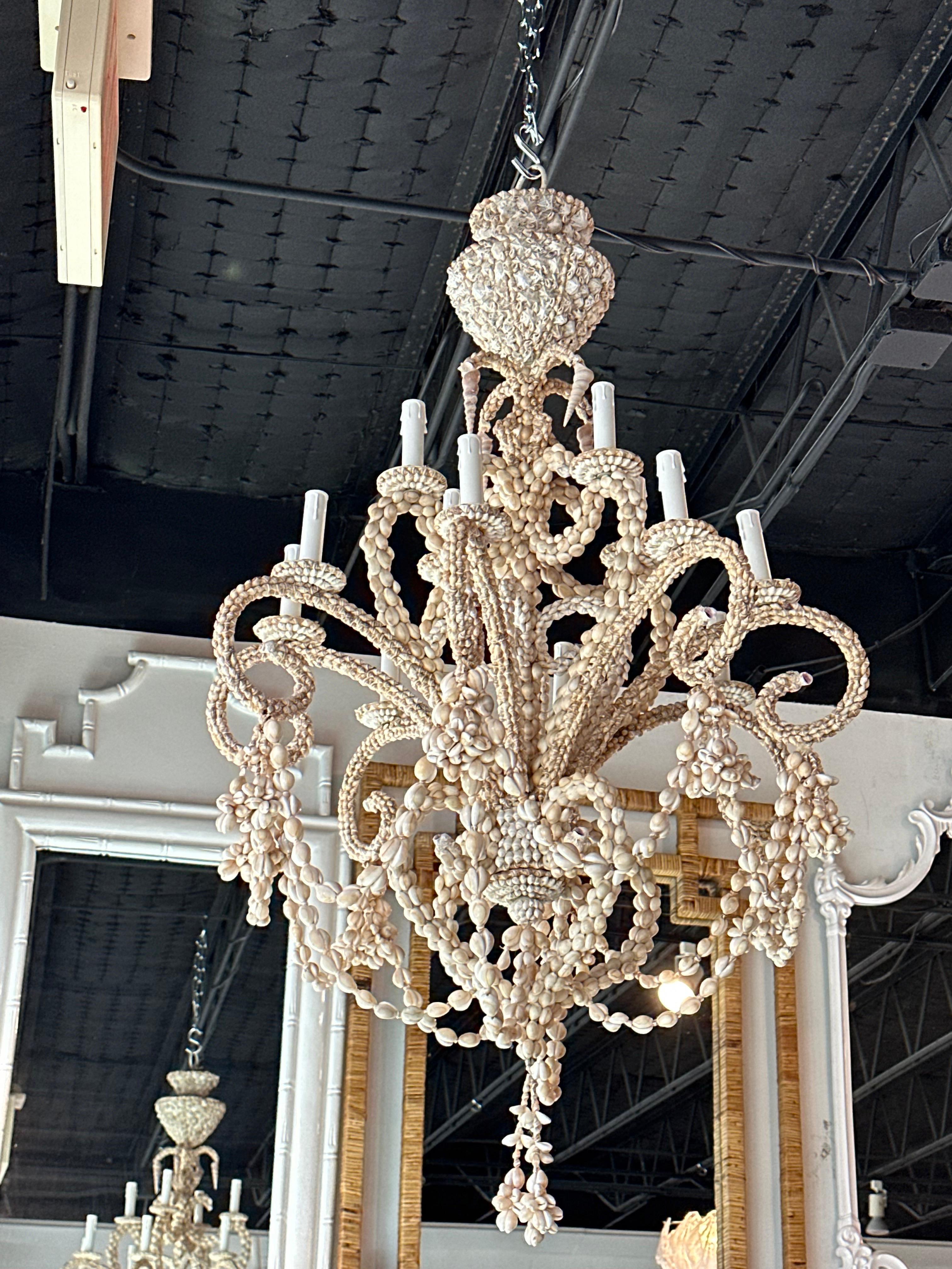 Vintage Shell Seashell Encrusted Coastal Palm Beach 12 Light Chandelier 9