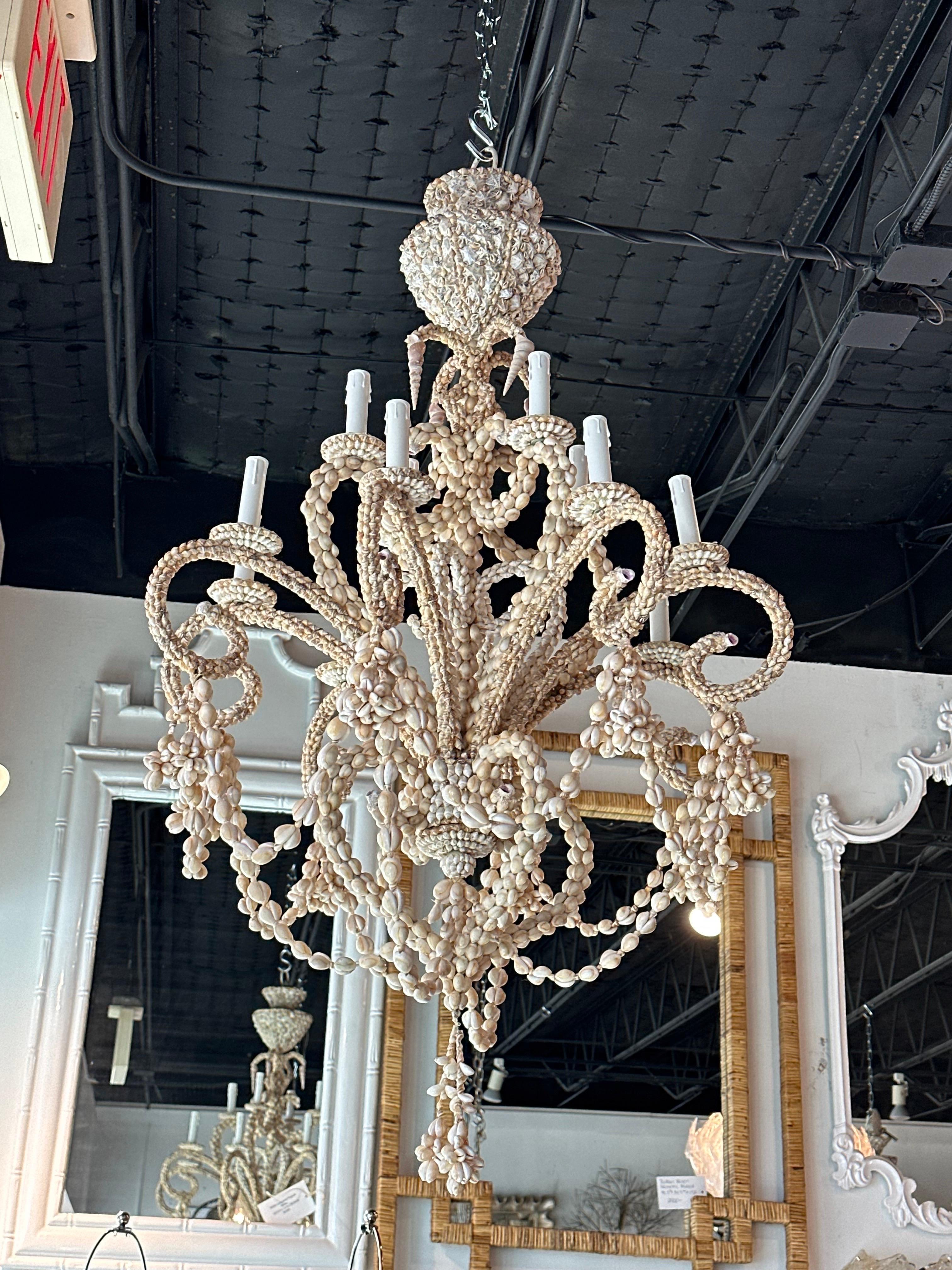 Vintage Shell Seashell Encrusted Coastal Palm Beach 12 Light Chandelier 10
