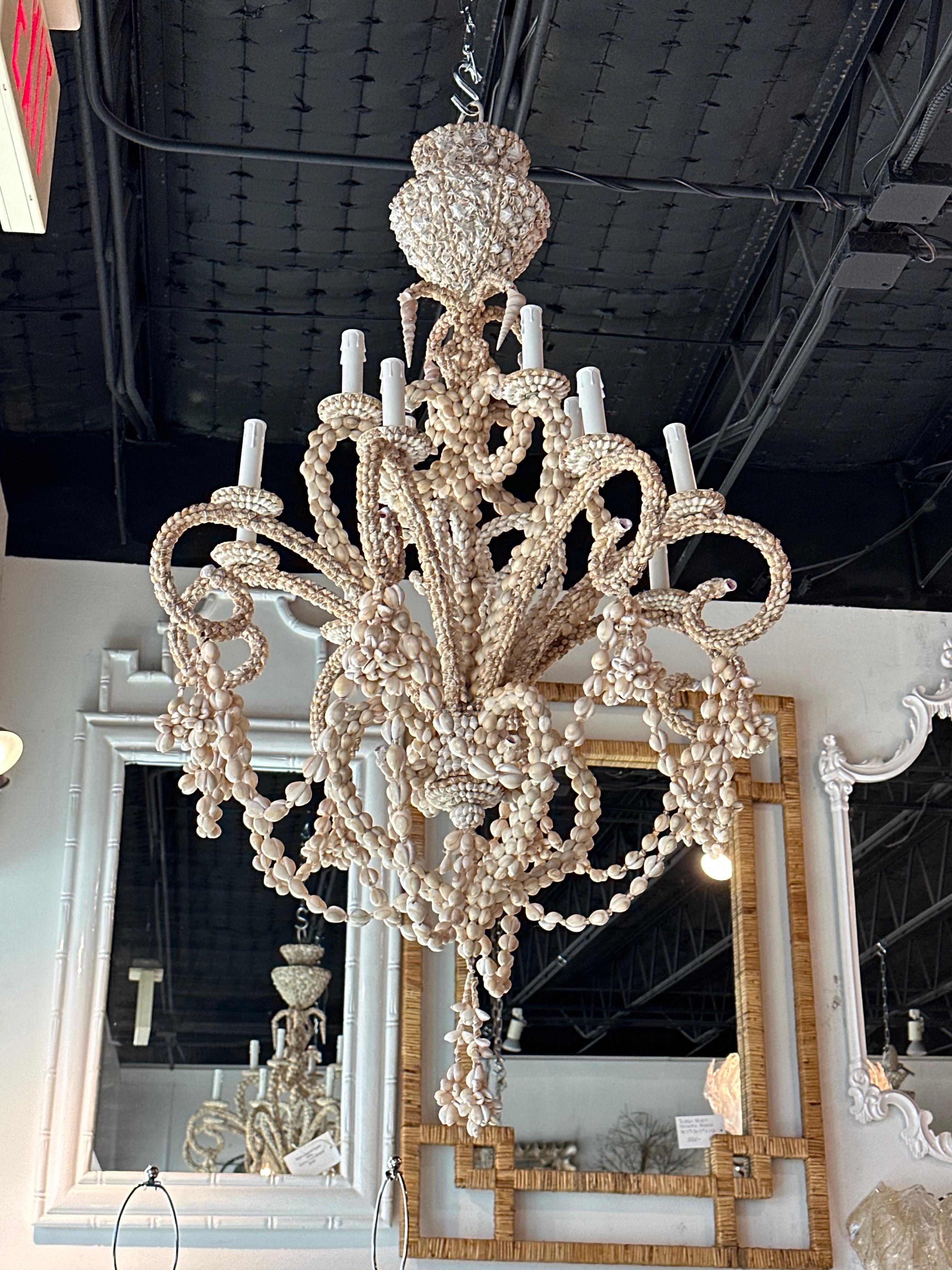 Vintage Shell Seashell Encrusted Coastal Palm Beach 12 Light Chandelier 11