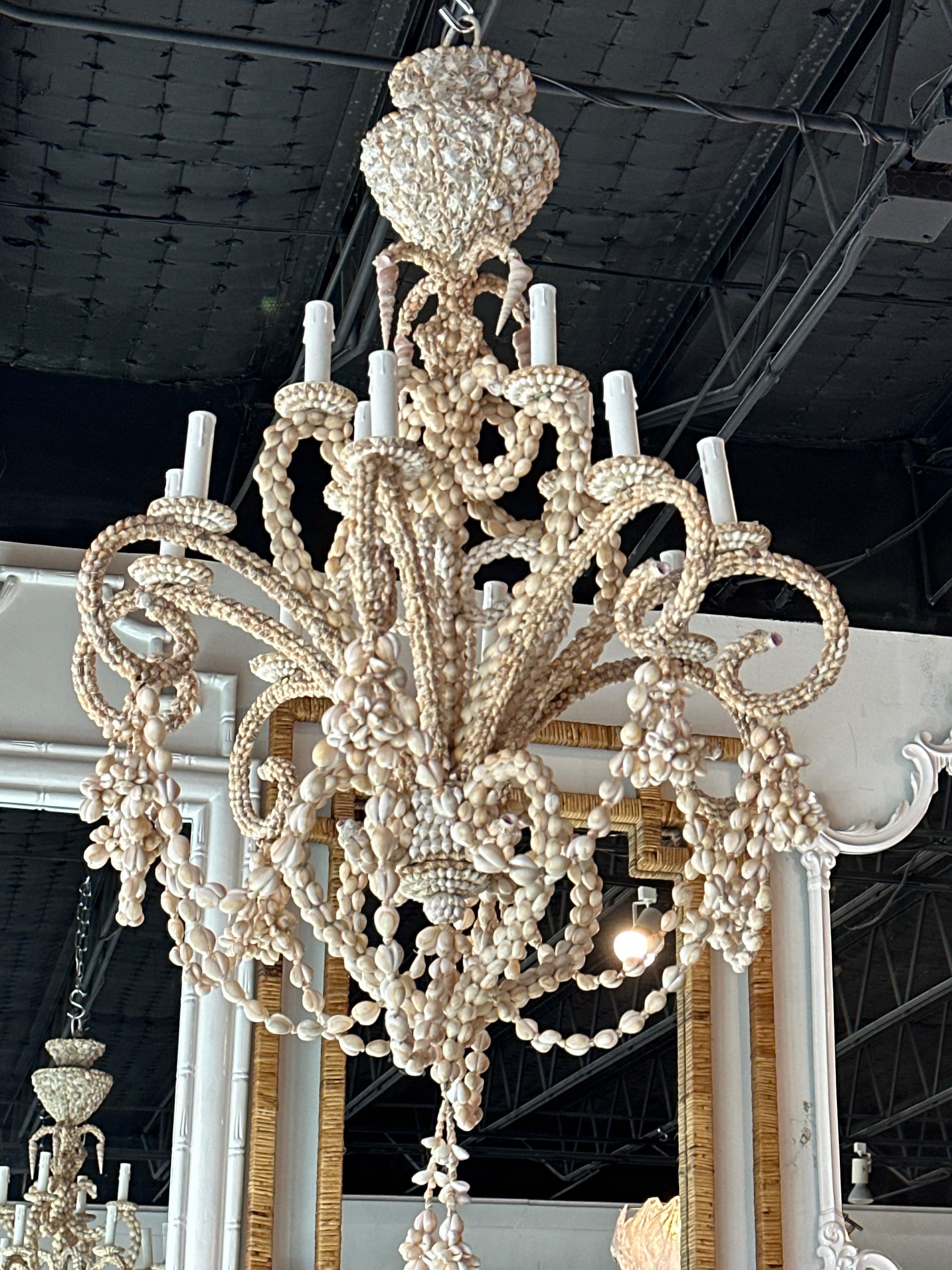 Vintage Shell Seashell Encrusted Coastal Palm Beach 12 Light Chandelier 12