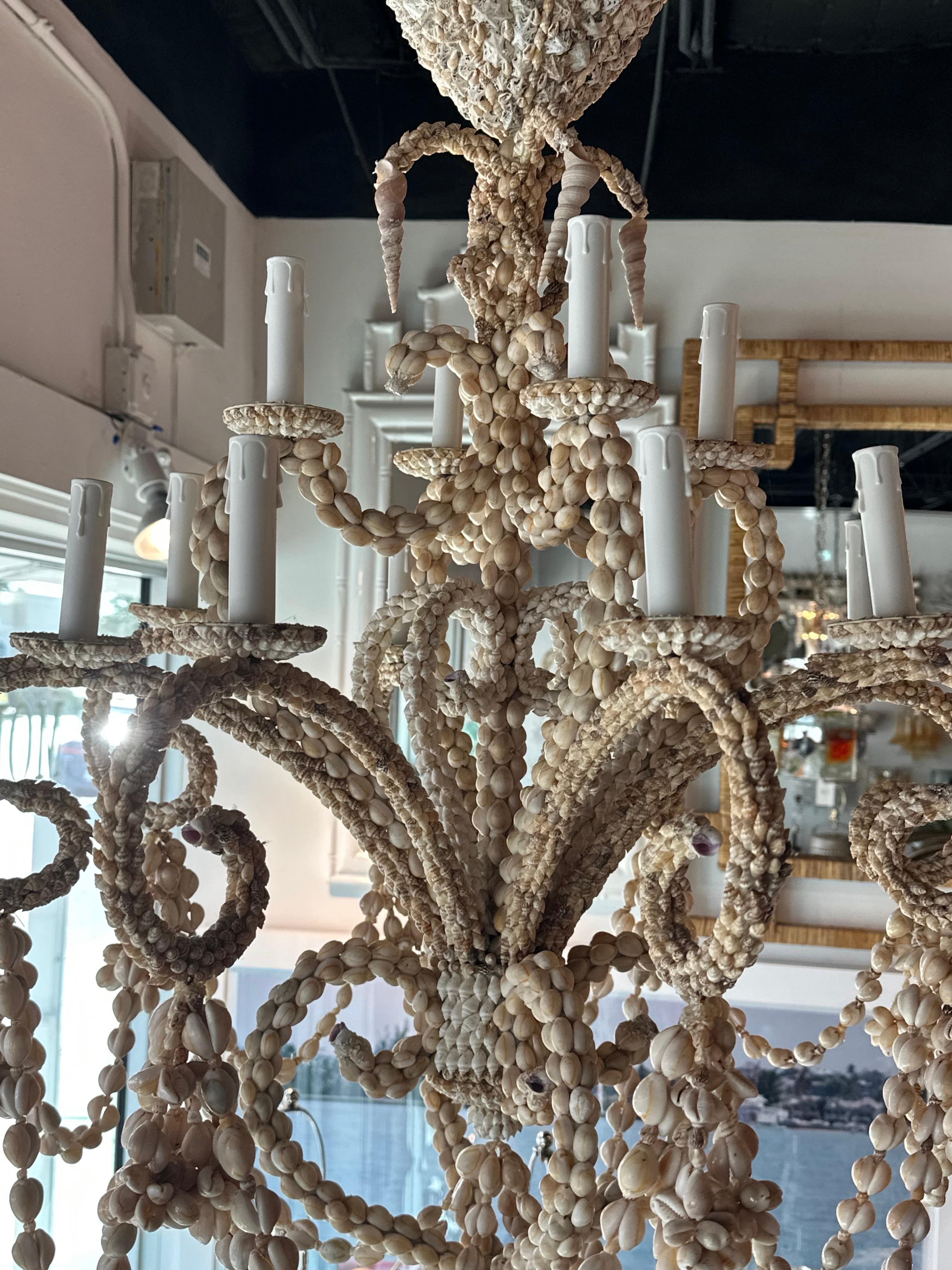 Vintage Shell Seashell Encrusted Coastal Palm Beach 12 Light Chandelier 13