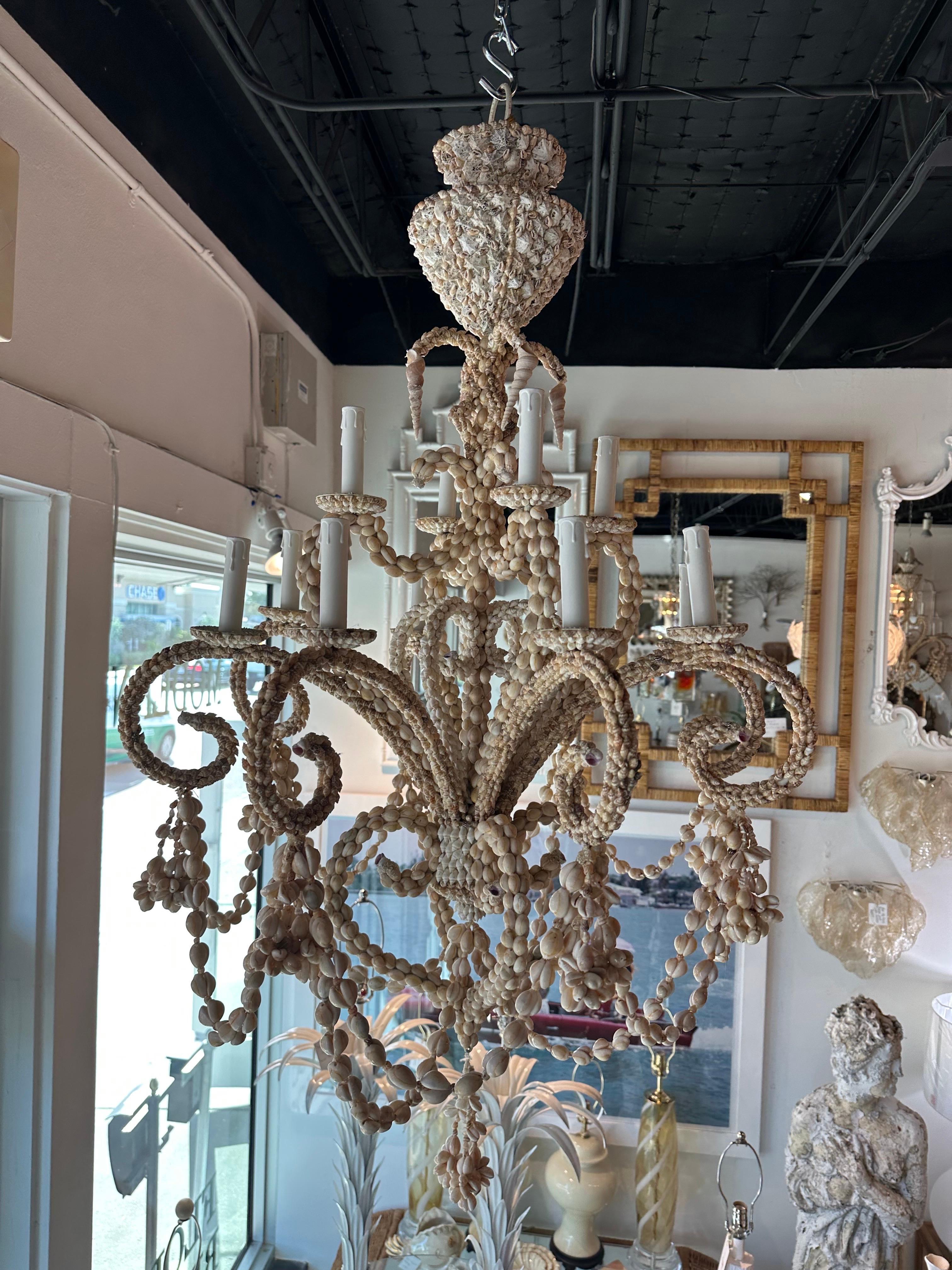 Vintage Palm Beach shell seashell encrusted 12 light chandelier. Tested working order. New candelabra sleeves. No damage or missing shells. Comes with original matching seashell ceiling cap. I have another matching chandelier if a pair is needed.
