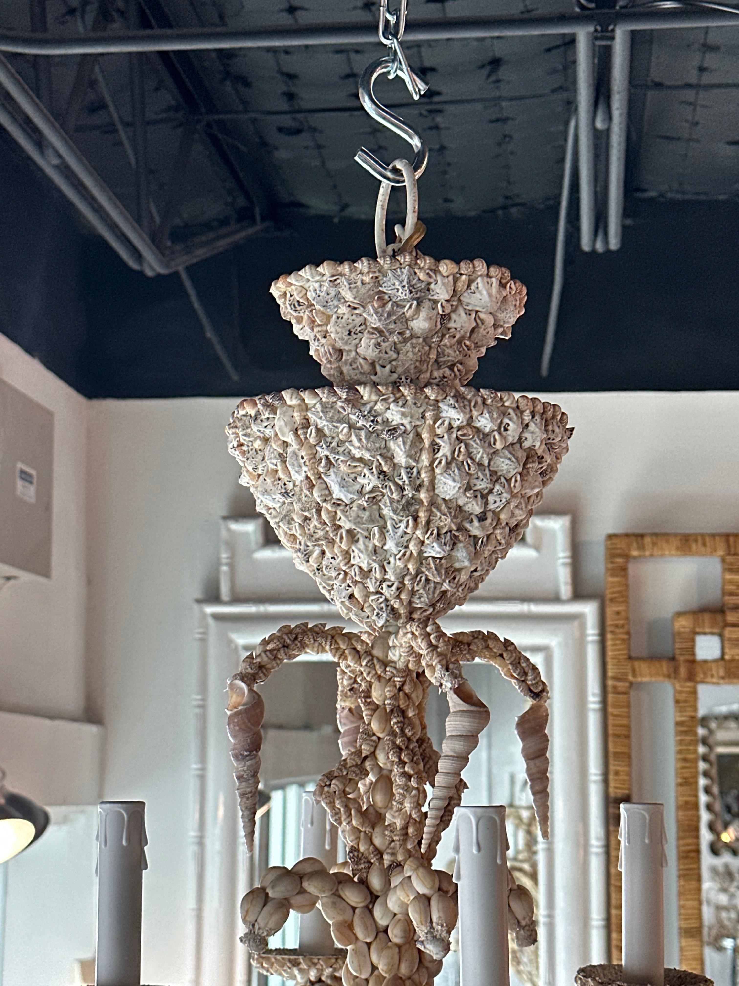 Hollywood Regency Vintage Shell Seashell Encrusted Coastal Palm Beach 12 Light Chandelier