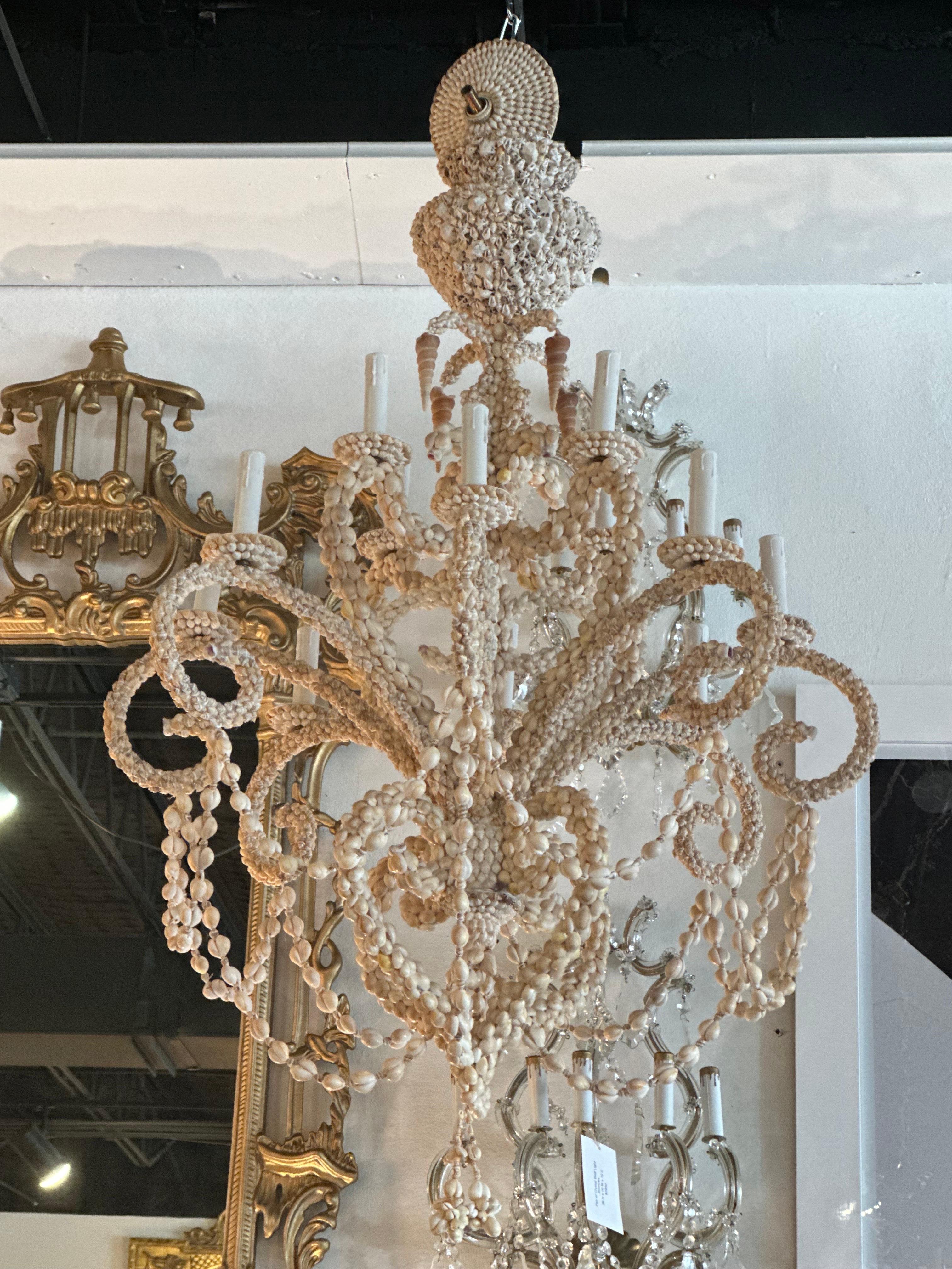 Hollywood Regency Vintage Shell Seashell Encrusted Coastal Palm Beach 12 Light Chandelier For Sale