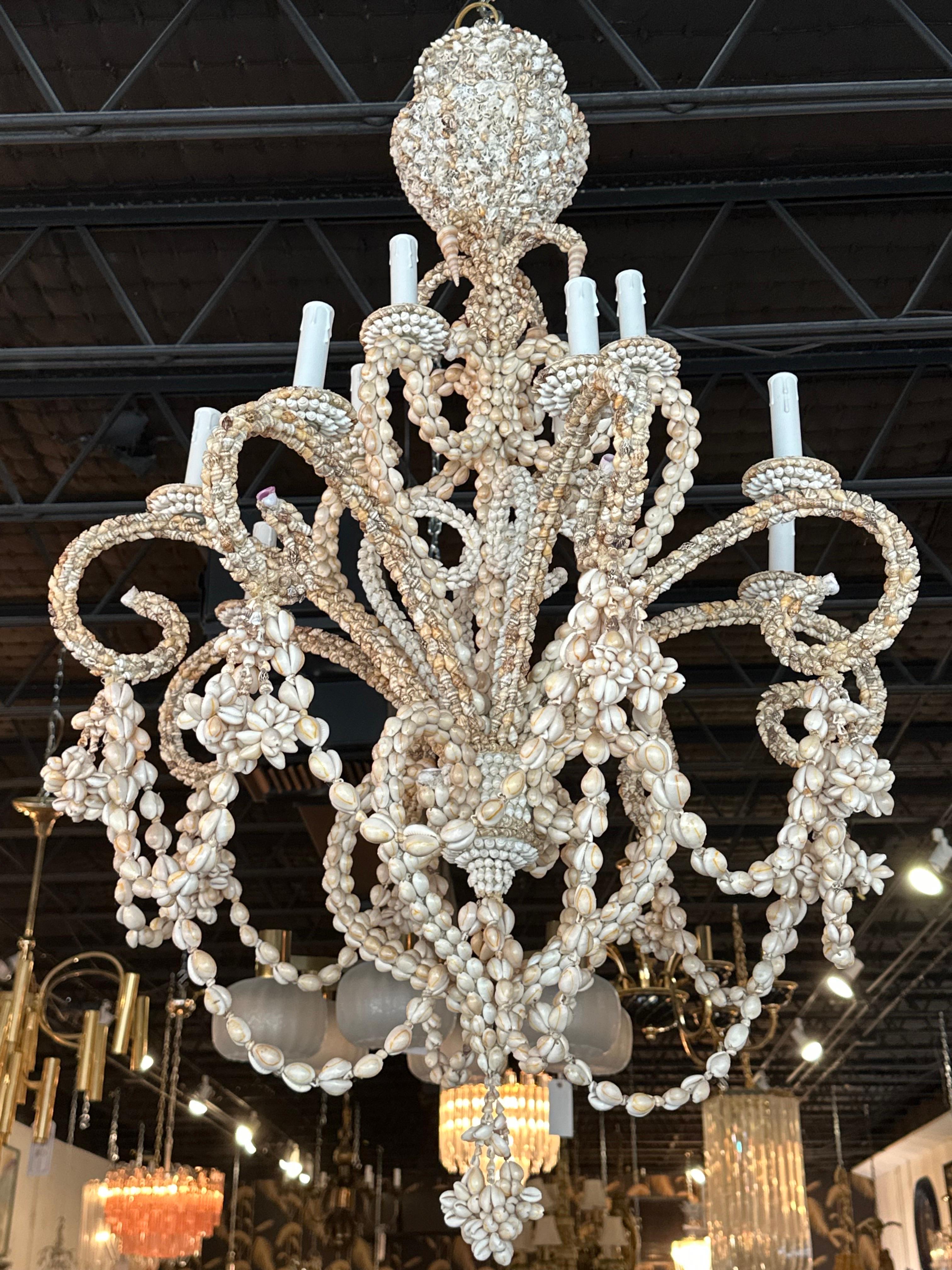 American Vintage Shell Seashell Encrusted Coastal Palm Beach 12 Light Chandelier