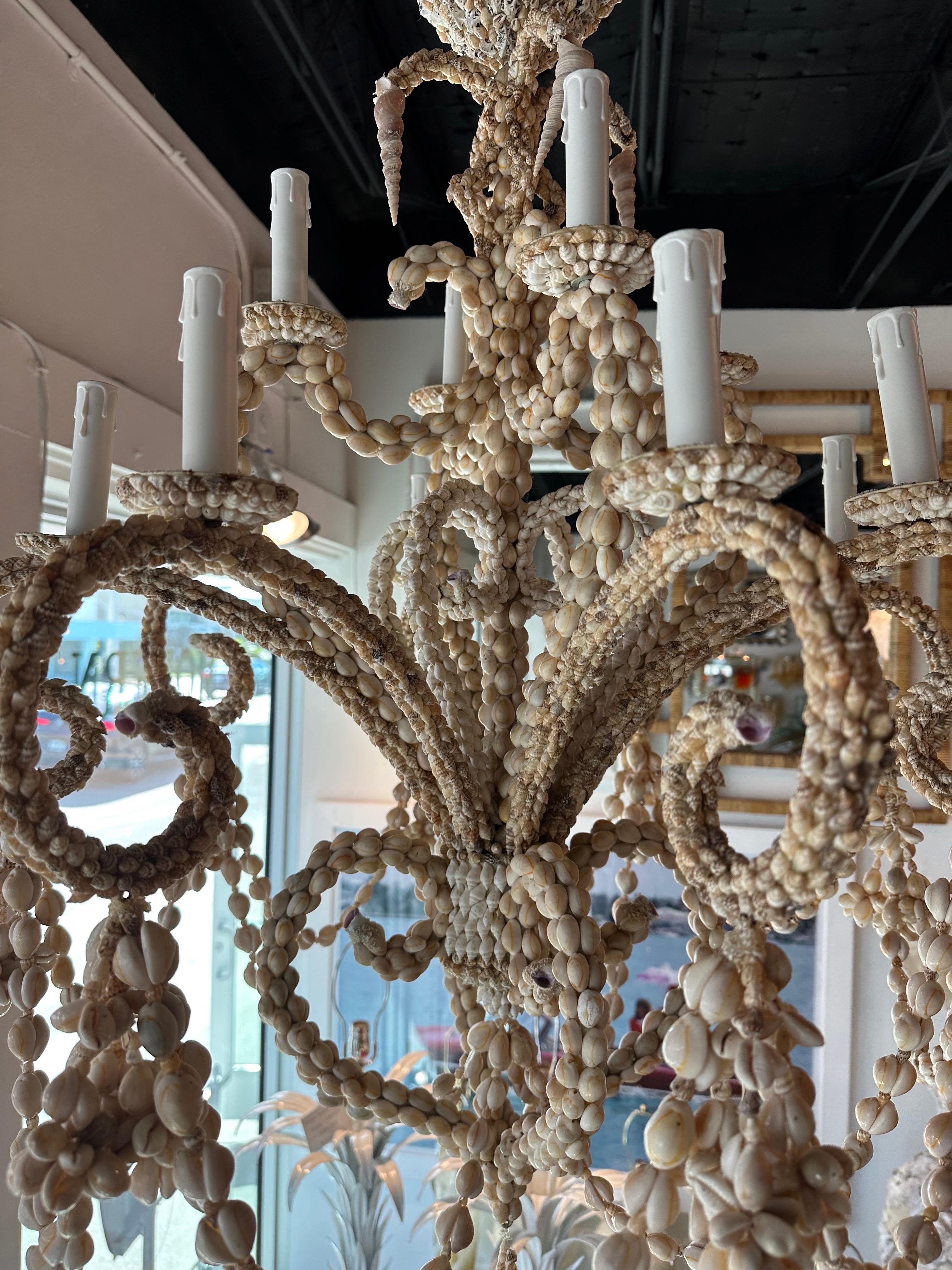 American Vintage Shell Seashell Encrusted Coastal Palm Beach 12 Light Chandelier
