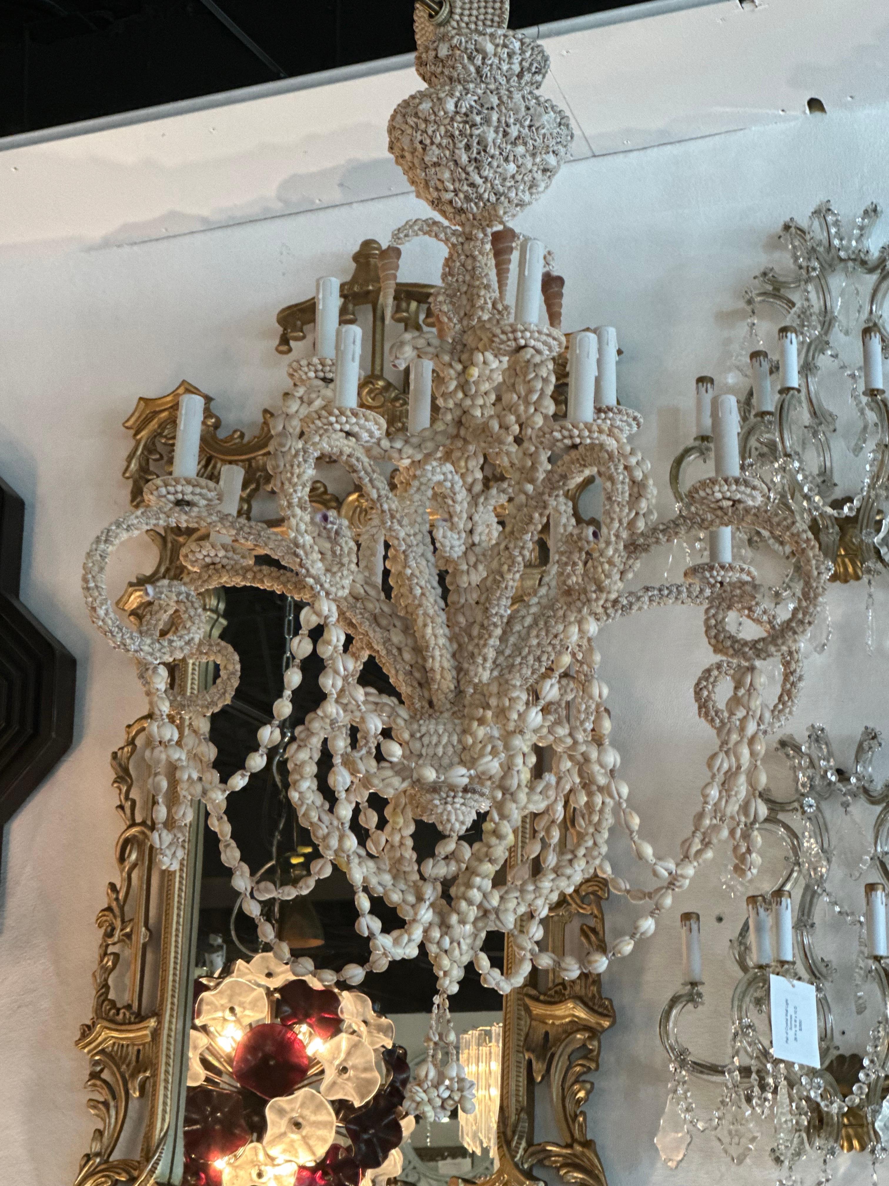 American Vintage Shell Seashell Encrusted Coastal Palm Beach 12 Light Chandelier For Sale