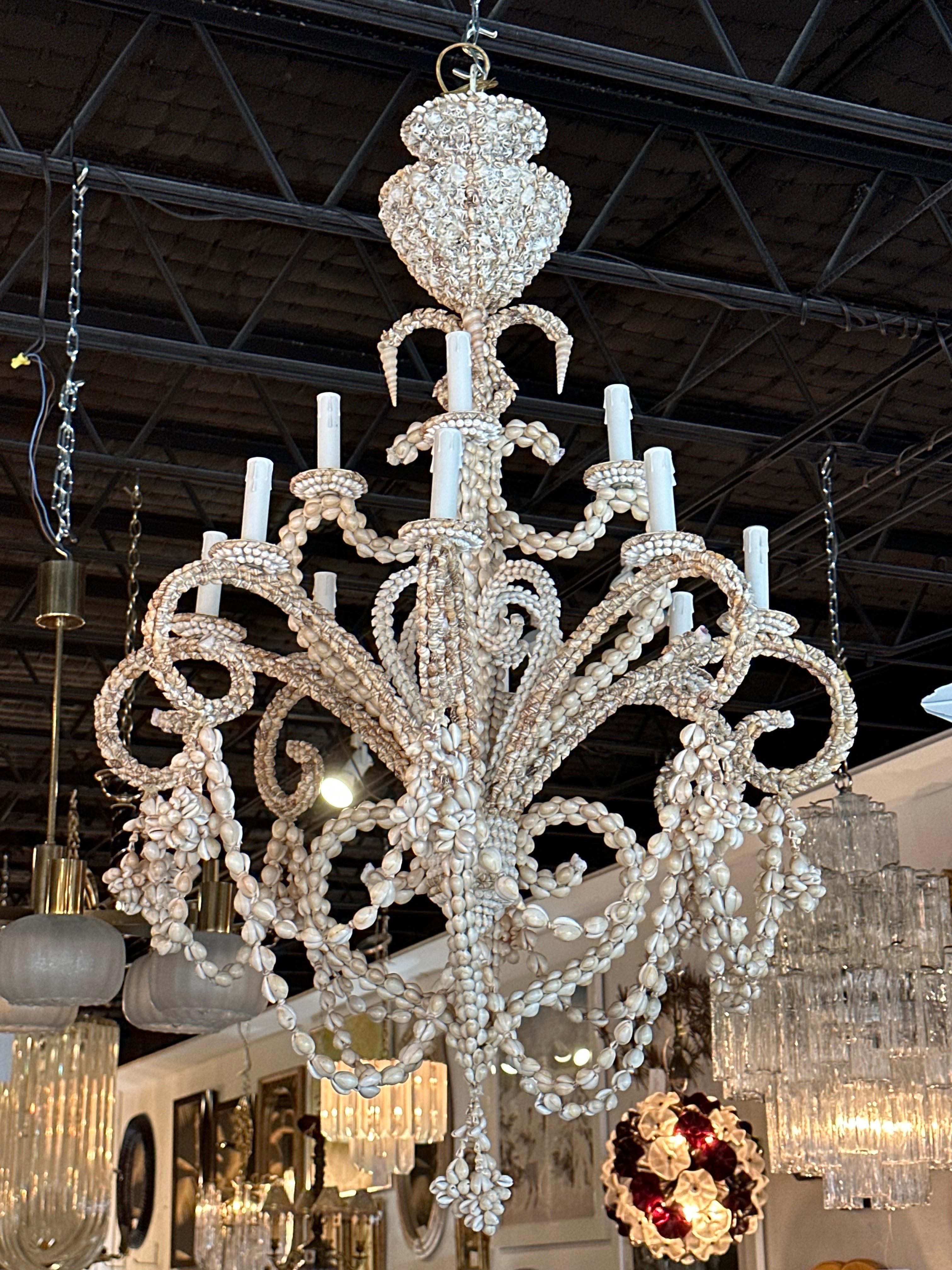 Late 20th Century Vintage Shell Seashell Encrusted Coastal Palm Beach 12 Light Chandelier