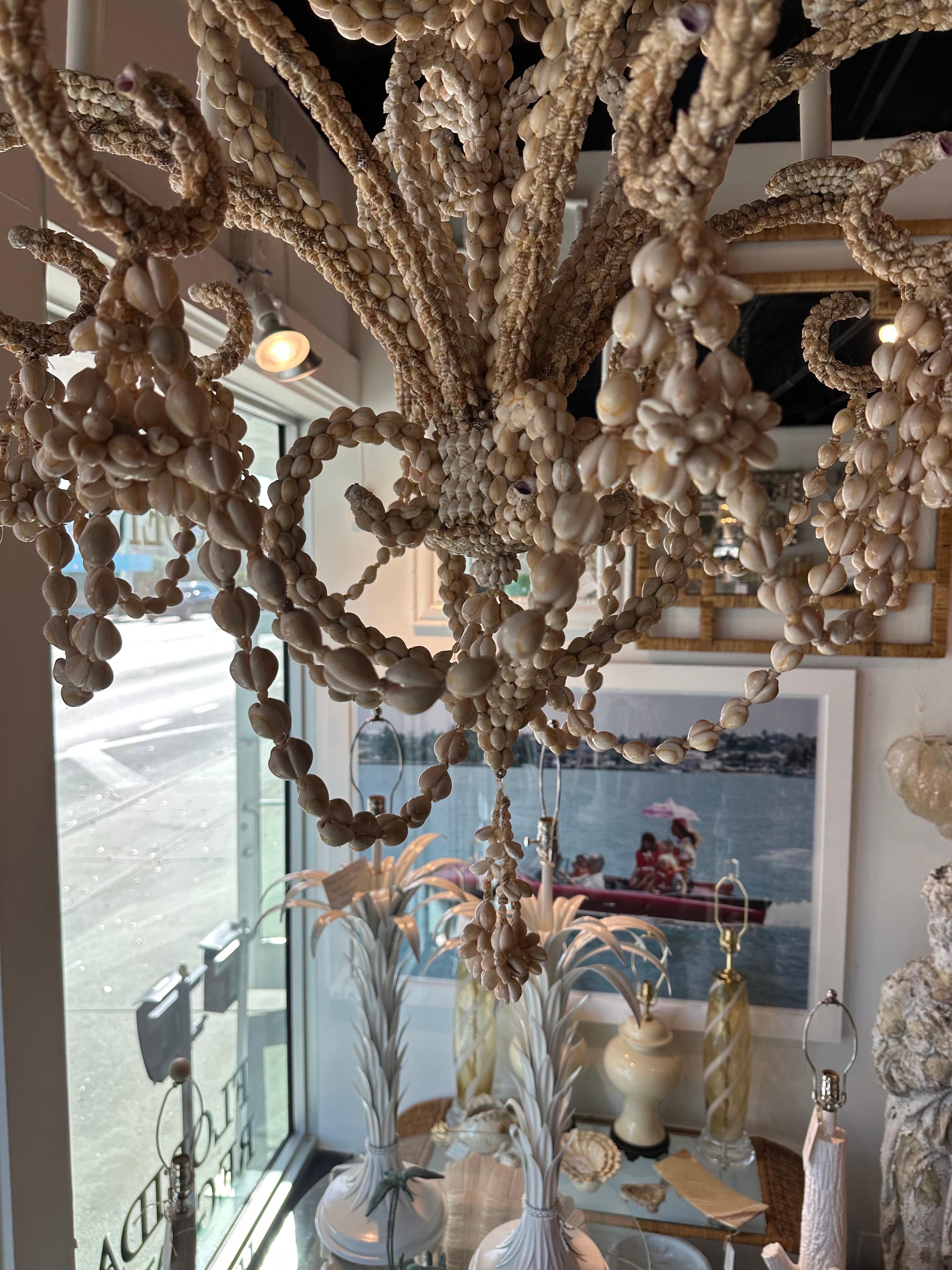 Late 20th Century Vintage Shell Seashell Encrusted Coastal Palm Beach 12 Light Chandelier