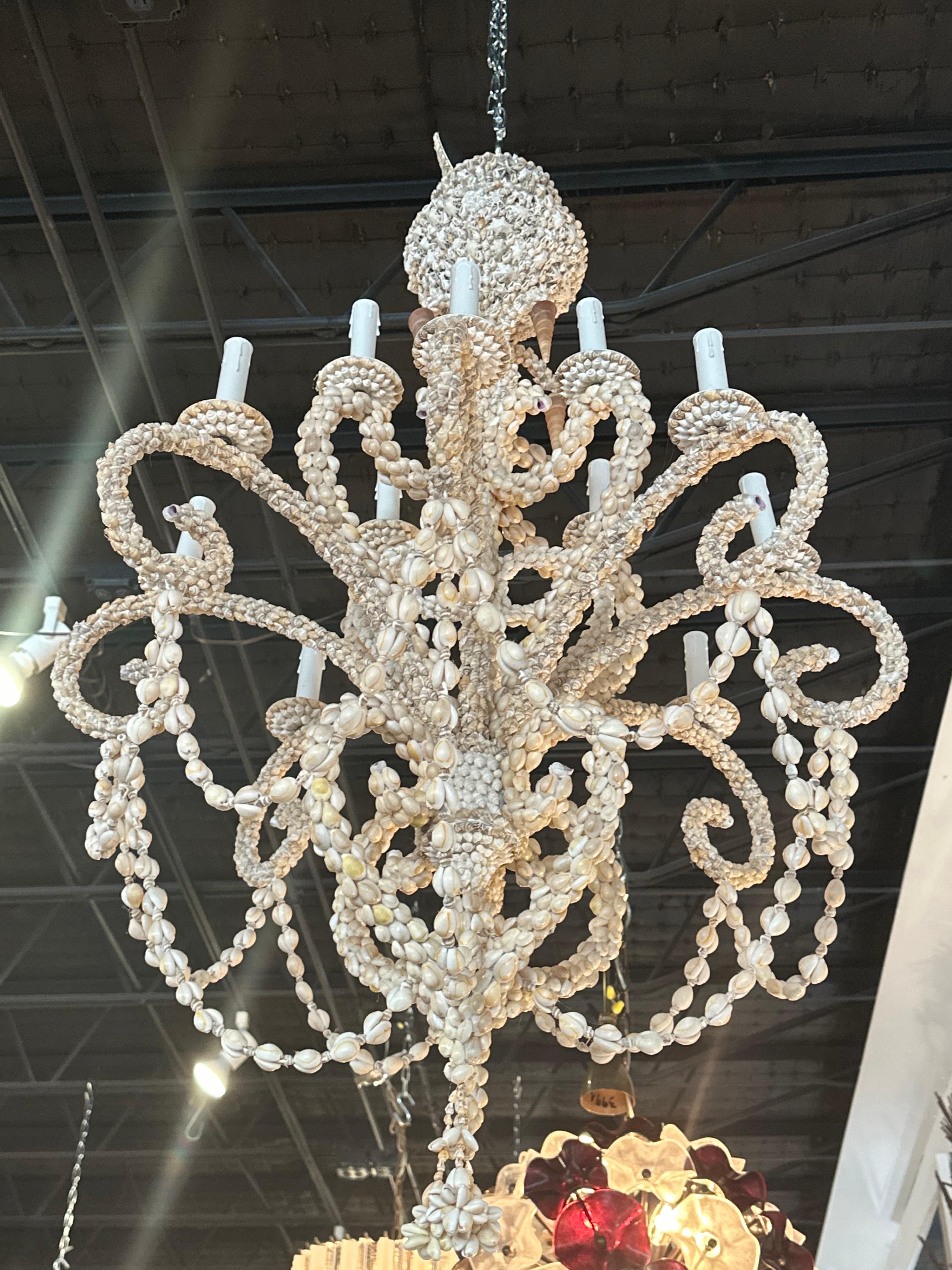 Late 20th Century Vintage Shell Seashell Encrusted Coastal Palm Beach 12 Light Chandelier For Sale