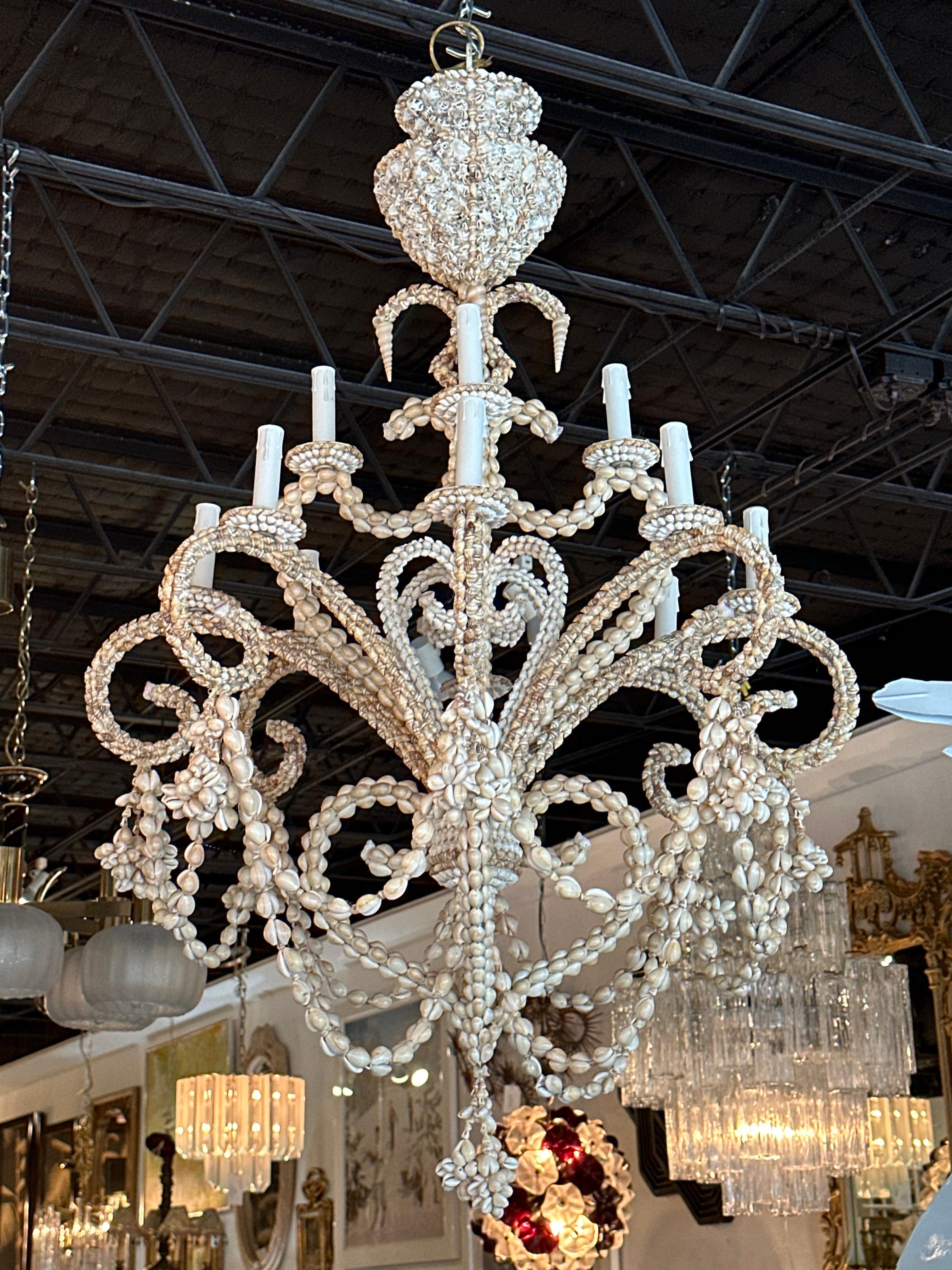 Vintage Shell Seashell Encrusted Coastal Palm Beach 12 Light Chandelier 1