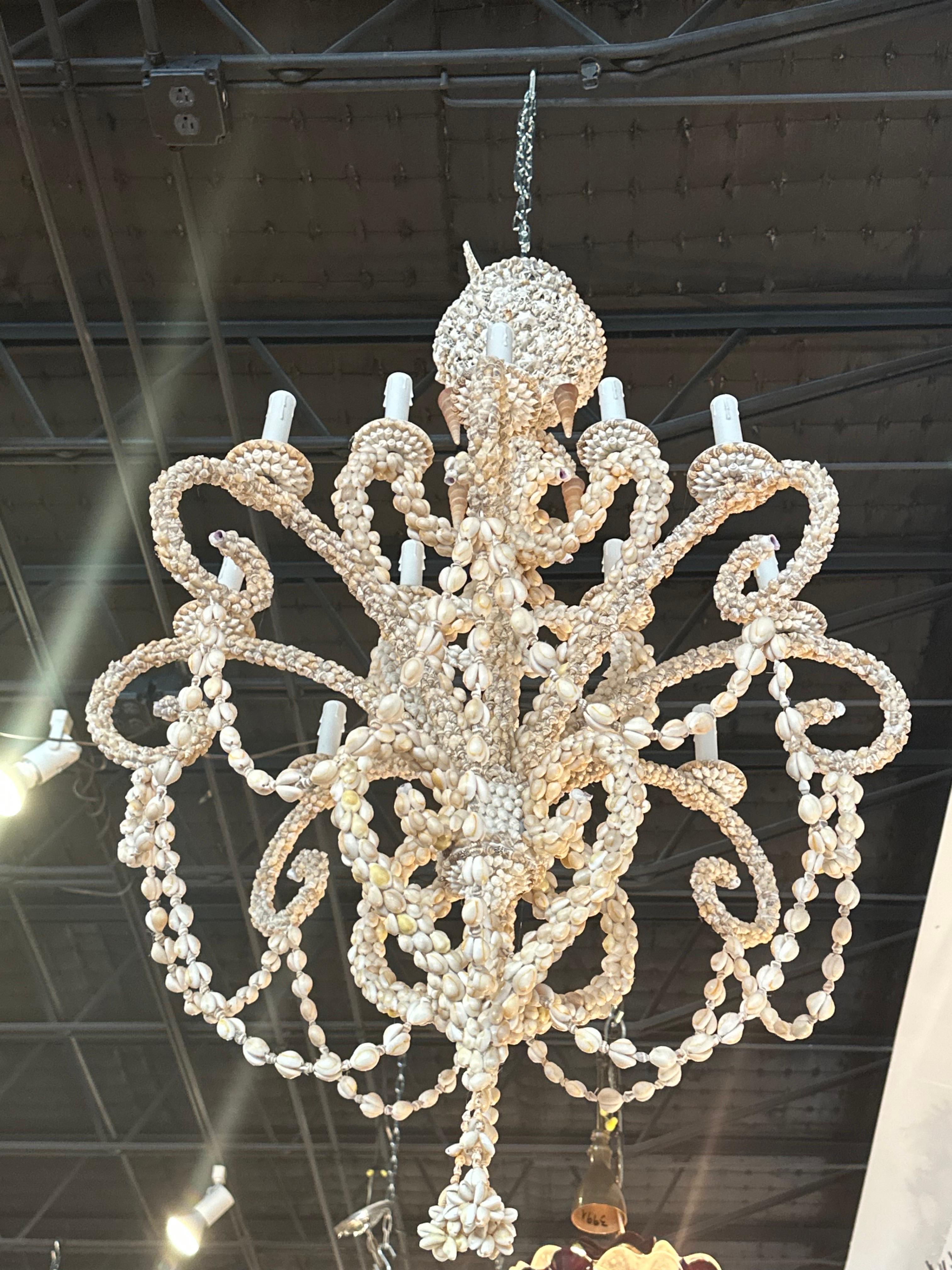 Vintage Shell Seashell Encrusted Coastal Palm Beach 12 Light Chandelier For Sale 1