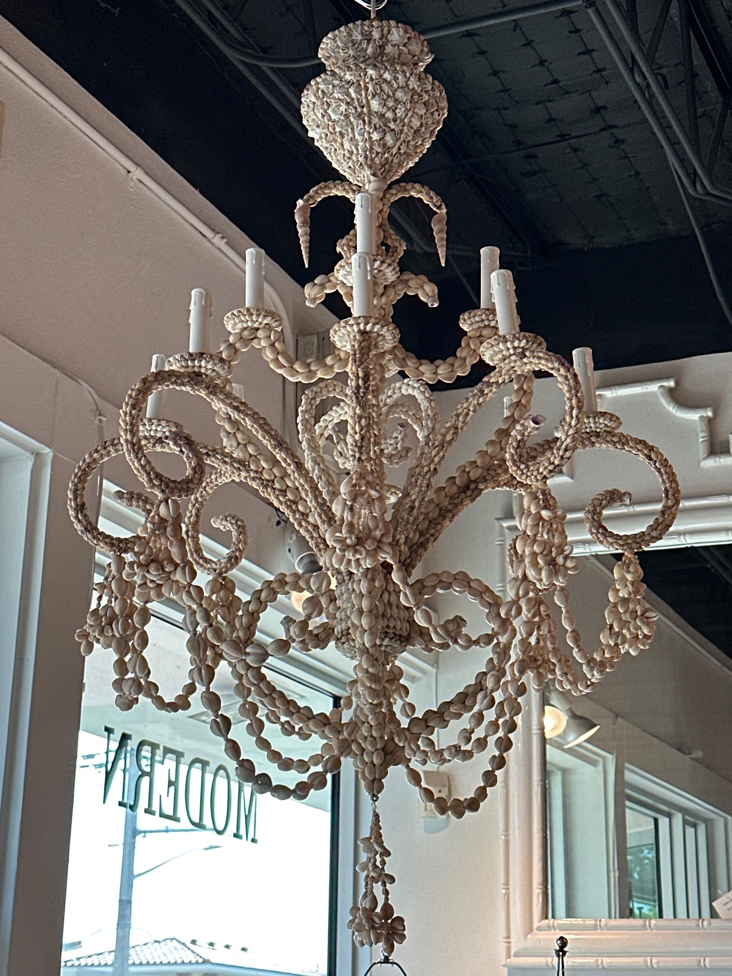 Vintage Shell Seashell Encrusted Coastal Palm Beach 12 Light Chandelier 2