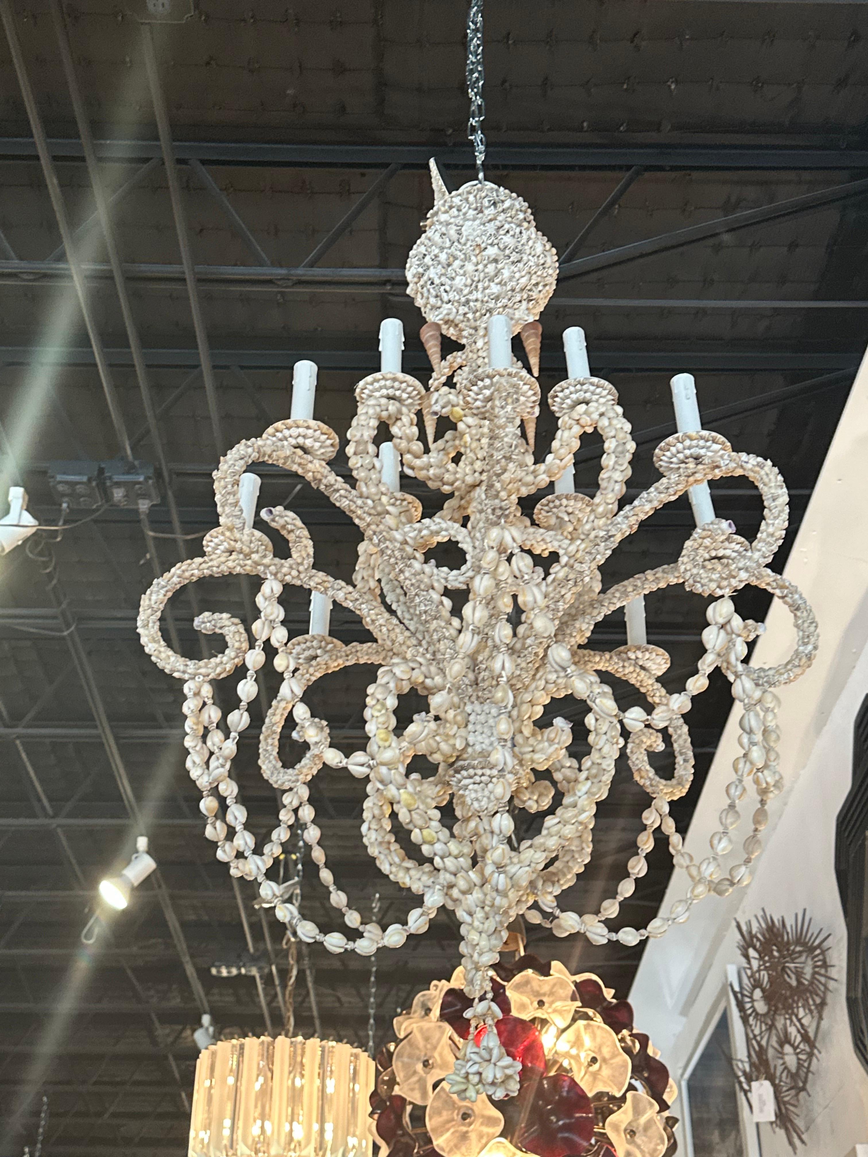 Vintage Shell Seashell Encrusted Coastal Palm Beach 12 Light Chandelier For Sale 2