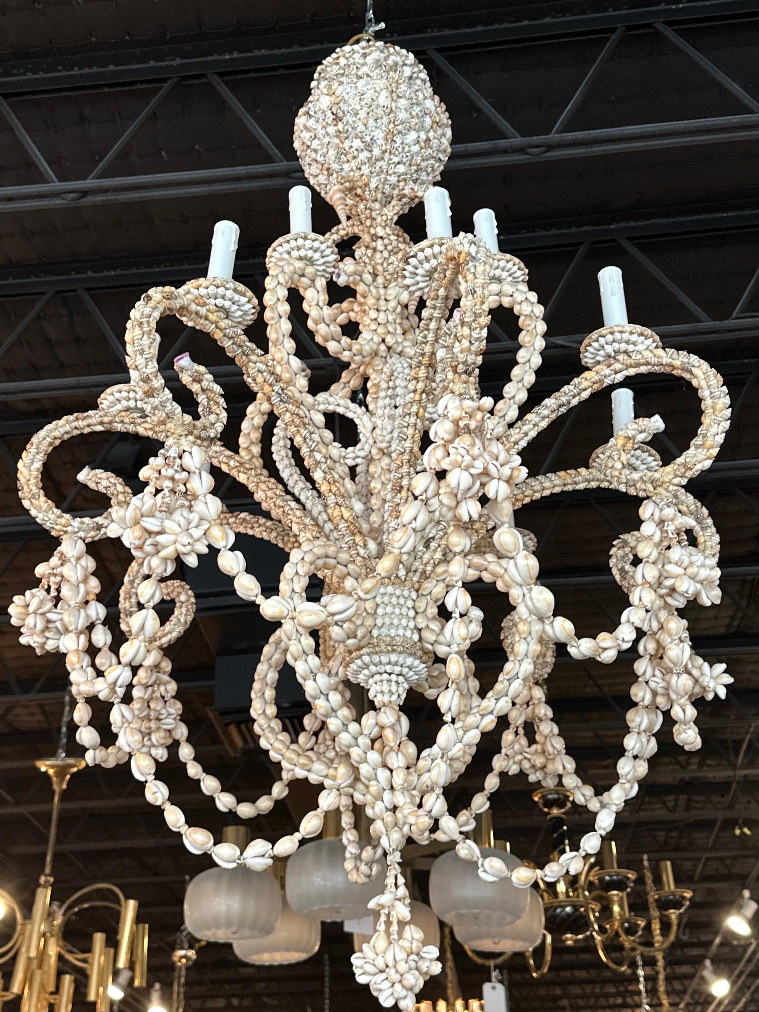 Vintage Shell Seashell Encrusted Coastal Palm Beach 12 Light Chandelier 3