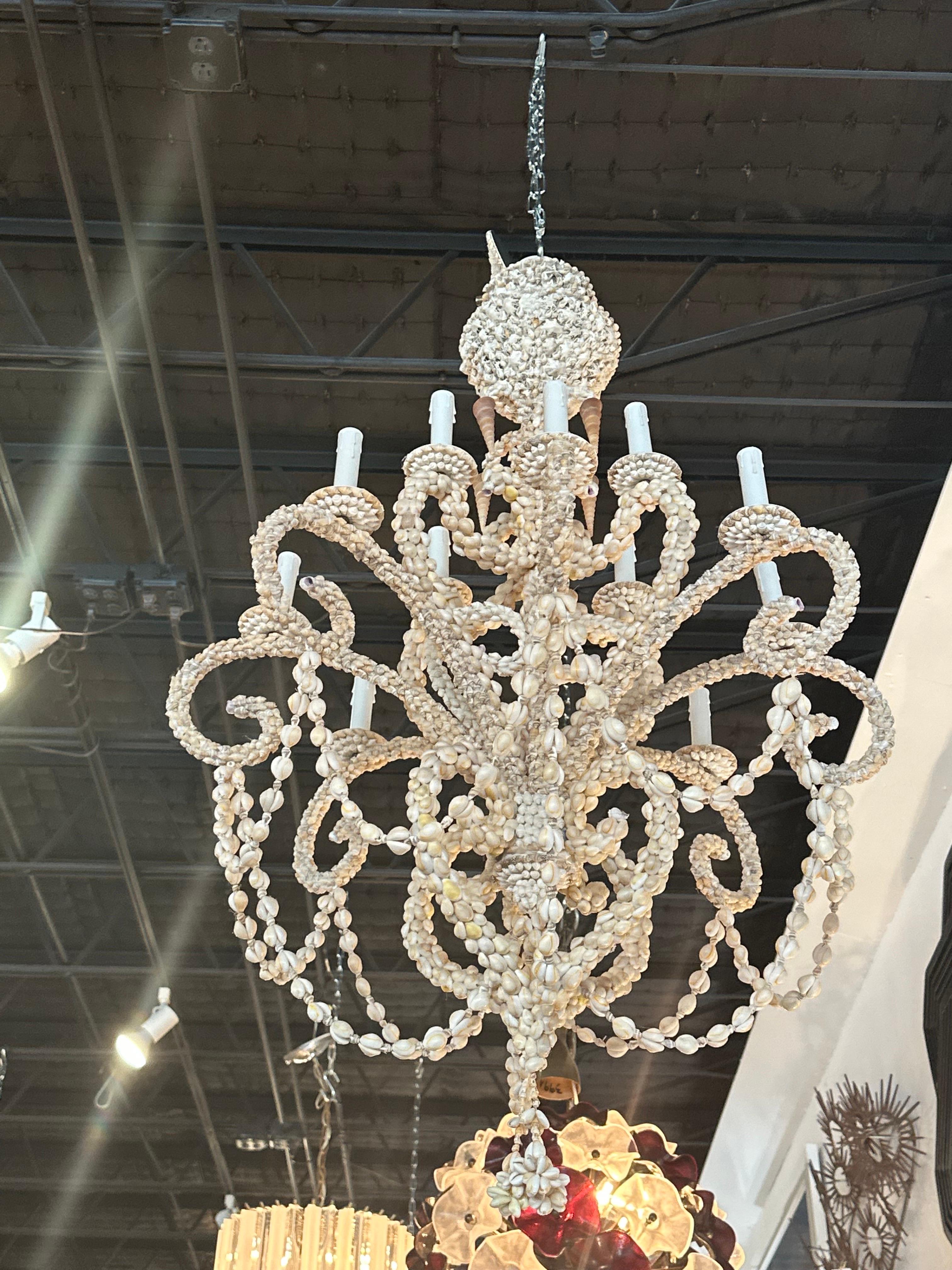 Vintage Shell Seashell Encrusted Coastal Palm Beach 12 Light Chandelier For Sale 3