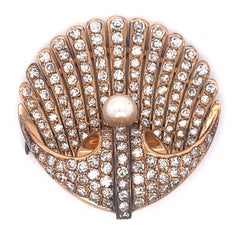 Vintage Shell Shape Brooch- 3.5ct Diamonds & White Pearl & 14k Rose Gold Brooch
