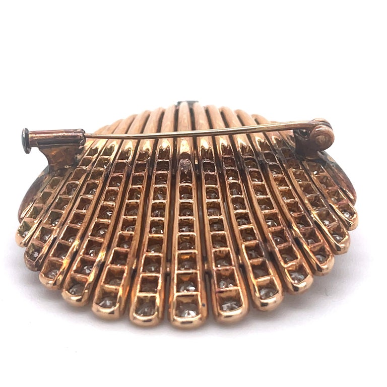 Vintage Shell Shape Brooch- 3.5ct Diamonds and White Pearl and 14k Rose ...