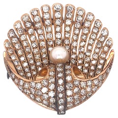 Vintage Shell Shape Brooch- 3.5ct Diamonds & White Pearl & 14k Rose Gold Brooch
