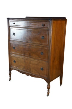 Vintage Sheraton Federal Style Book Matched Walnut Four Drawer Tallboy Dresser