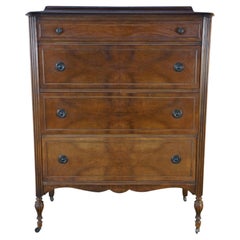 Vintage Sheraton Federal Style Book Matched Walnut Four Drawer Tallboy Dresser