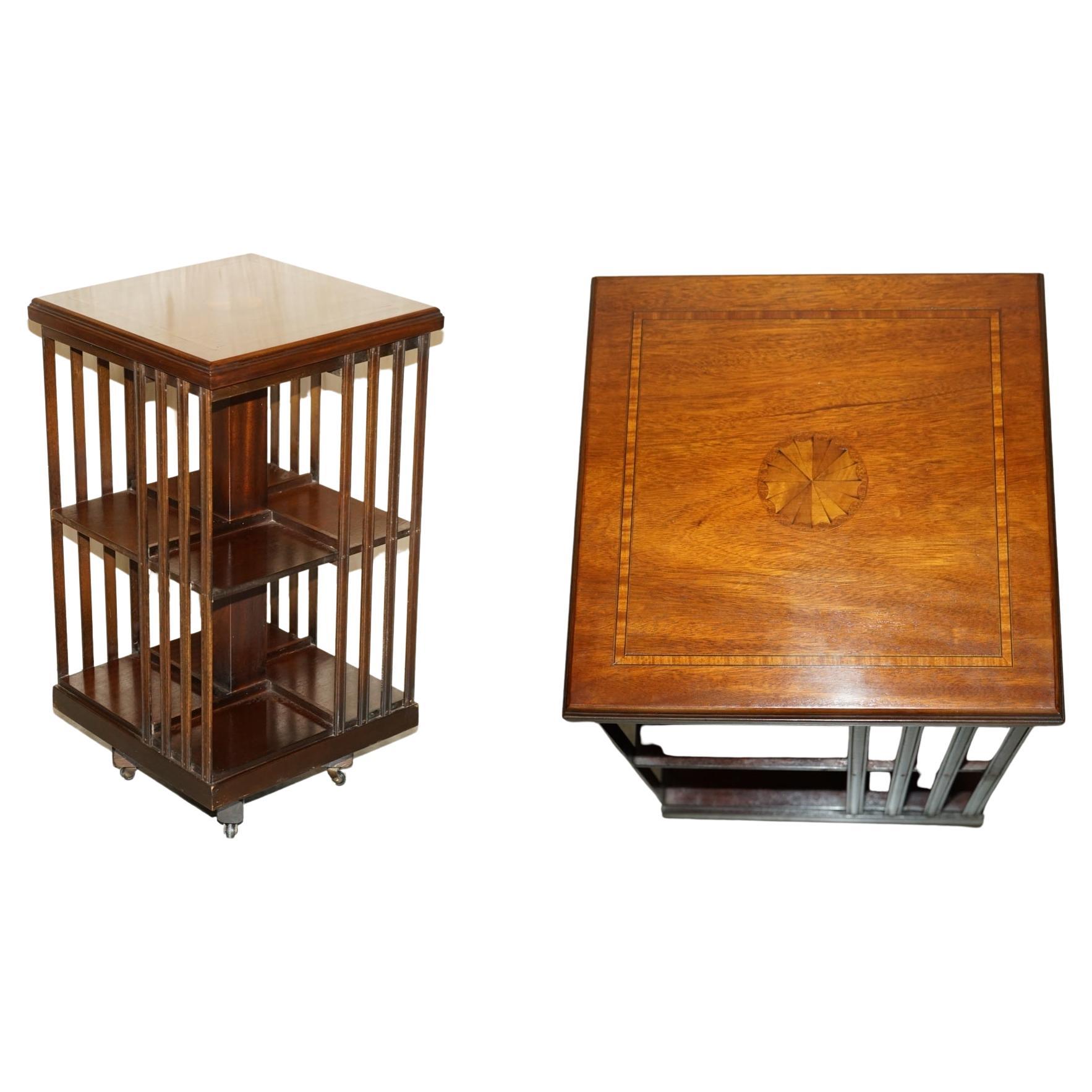 Vintage Sheraton Revival Hardwood & Satinwood Revolving Bookcase Side End Table For Sale