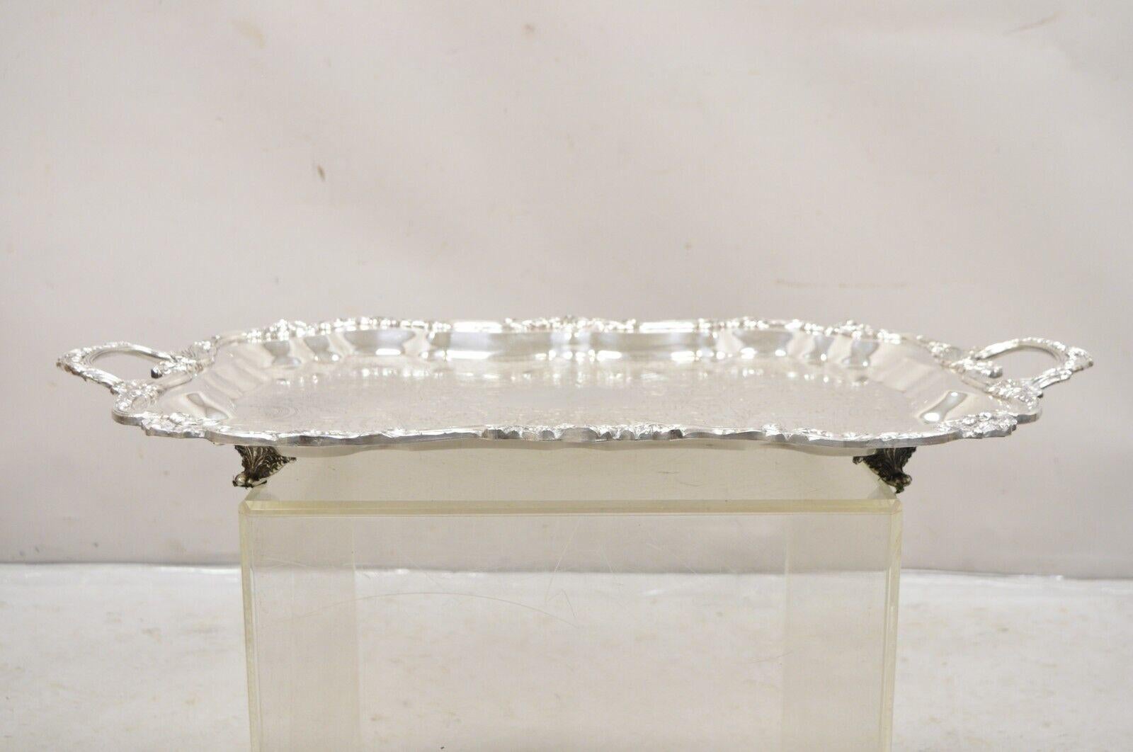 Vintage Sheridan Large Ornate Silver Plated Victorian Style Serving Platter Tray In Good Condition For Sale In Philadelphia, PA