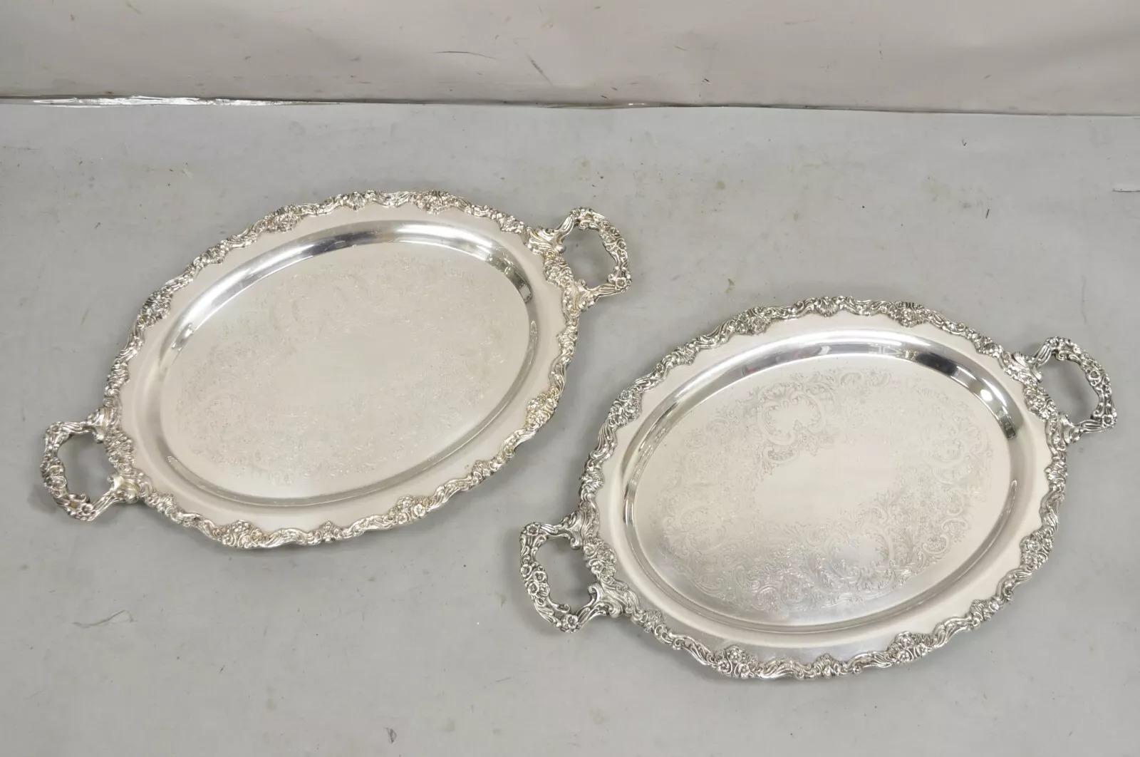 Vintage Sheridan Victorian Floral Repousse Silver Plated Oval Tray - a Pair. Circa Mid 20th Century. Dimensions : 2,5