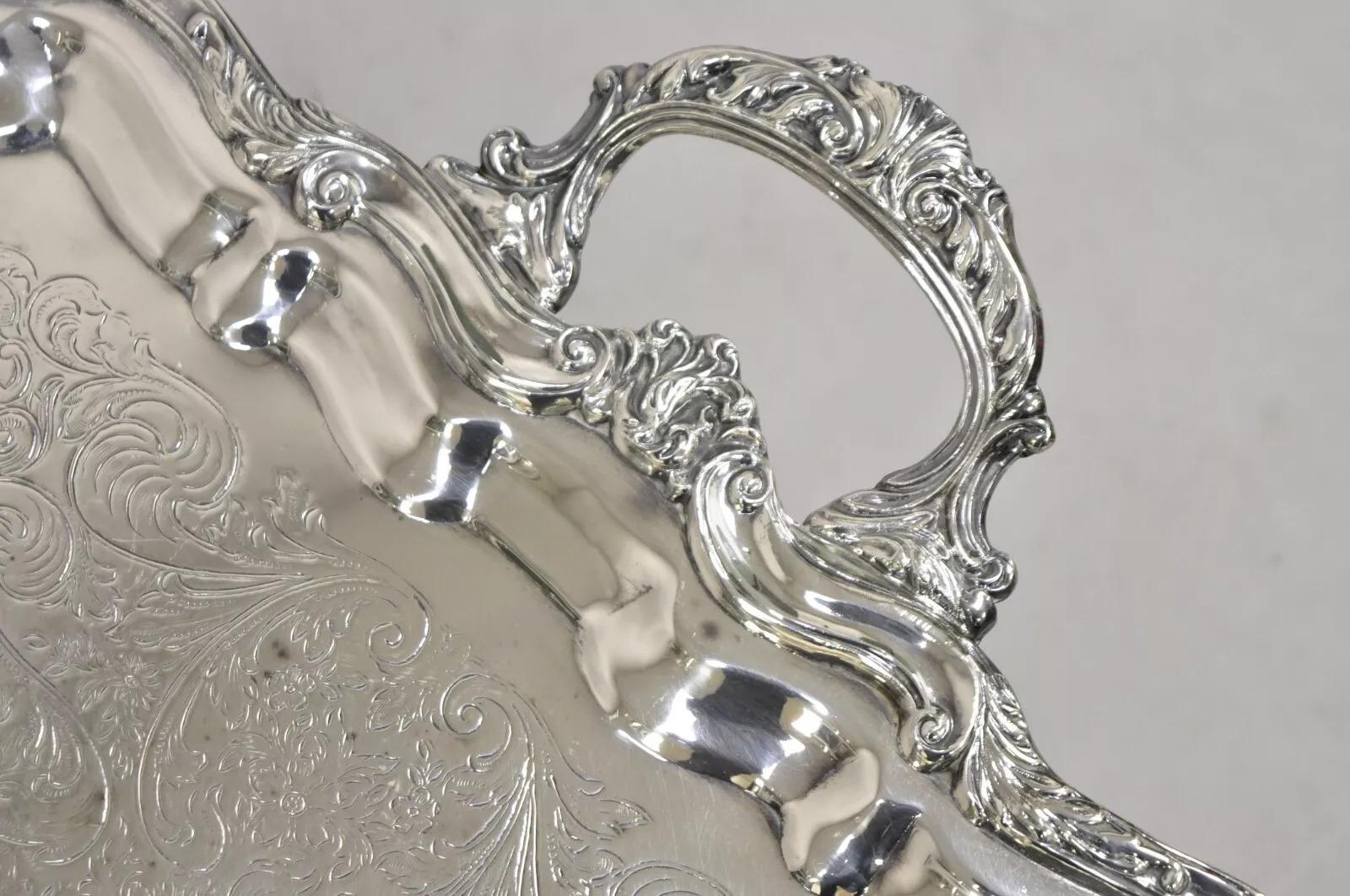 Vintage Sheridan Bandeja victoriana ornamentada de gran tamaño con baño de plata siglo XX en venta