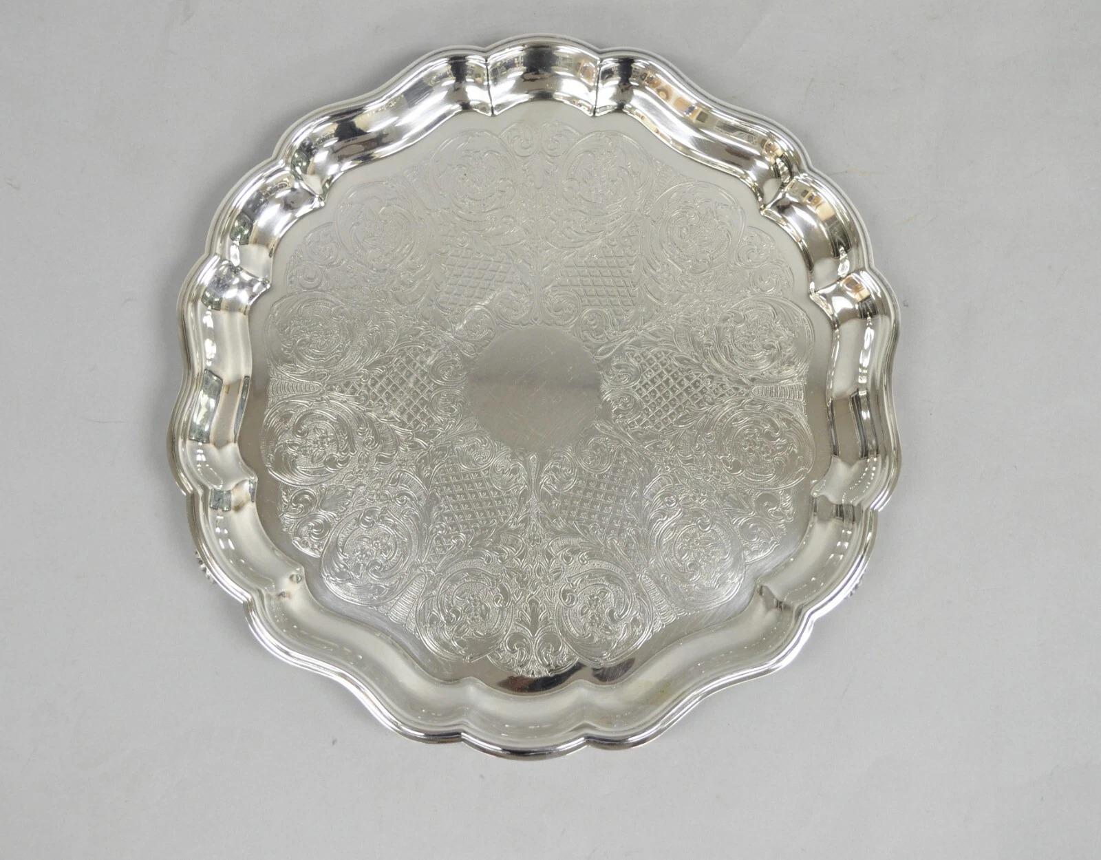 Vintage Sheridan Victorian Silver Plated Footed Round Serving Platter Bar Tray For Sale 5