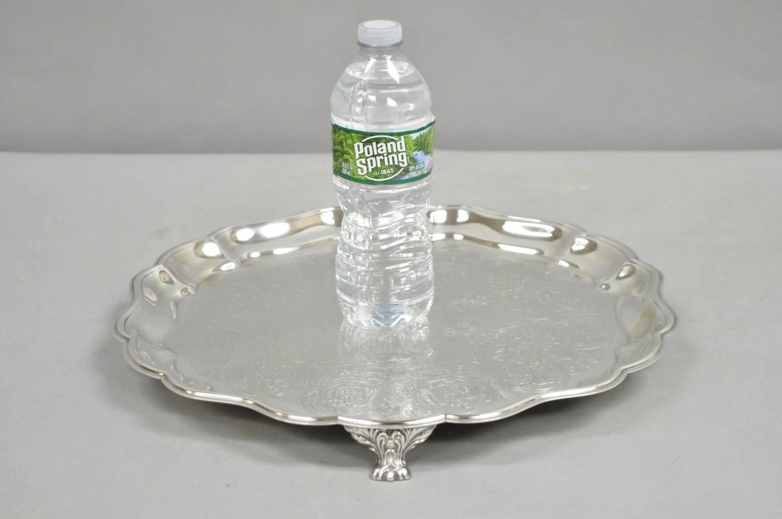 Vintage Sheridan Victorian Silver Plated Footed Round Serving Platter Bar Tray. Circa Late 20th Century. Measurements: 1.5