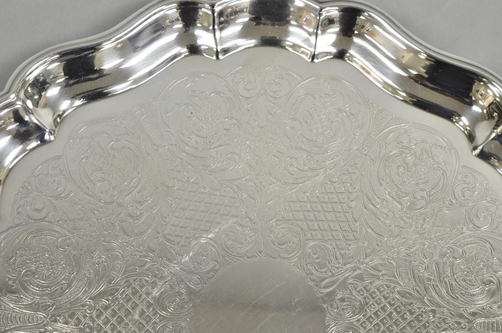Vintage Sheridan Victorian Silver Plated Footed Round Serving Platter Bar Tray For Sale 1
