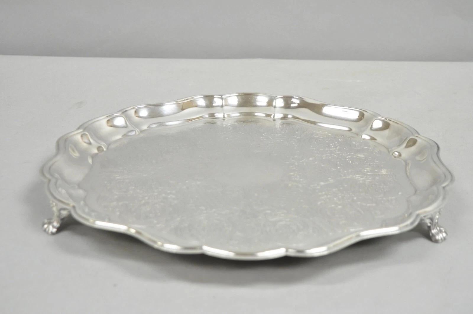 Vintage Sheridan Victorian Silver Plated Footed Round Serving Platter Bar Tray For Sale 2