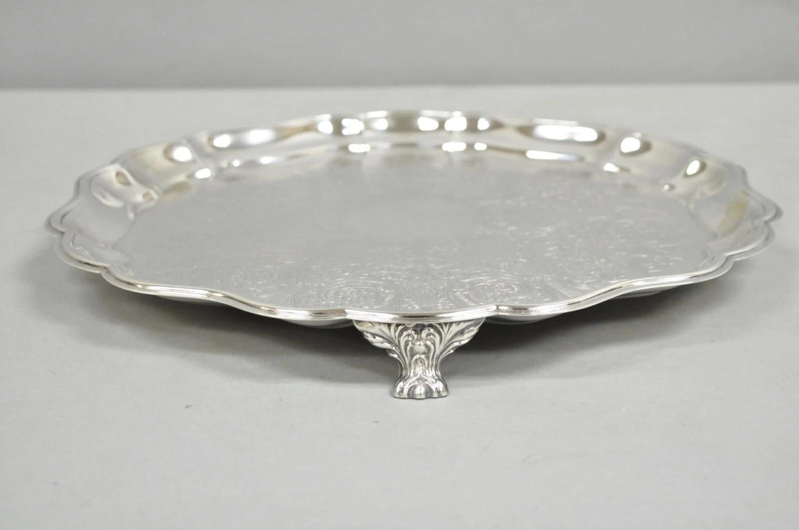 Vintage Sheridan Victorian Silver Plated Footed Round Serving Platter Bar Tray For Sale 4