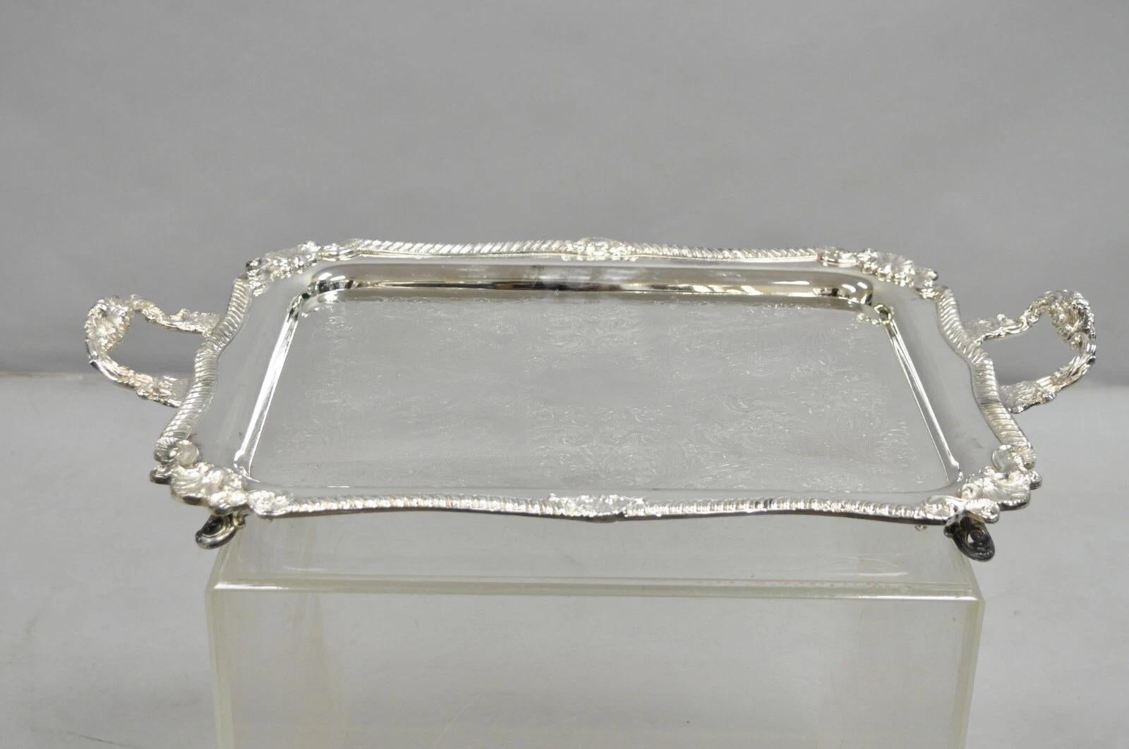 Vintage Sheridan Victorian Ornate Rectangular Silver Plated Bar Serving Platter Tray with Handles Raised on Feet. Circa Mid 20th Century. Dimensions : 3