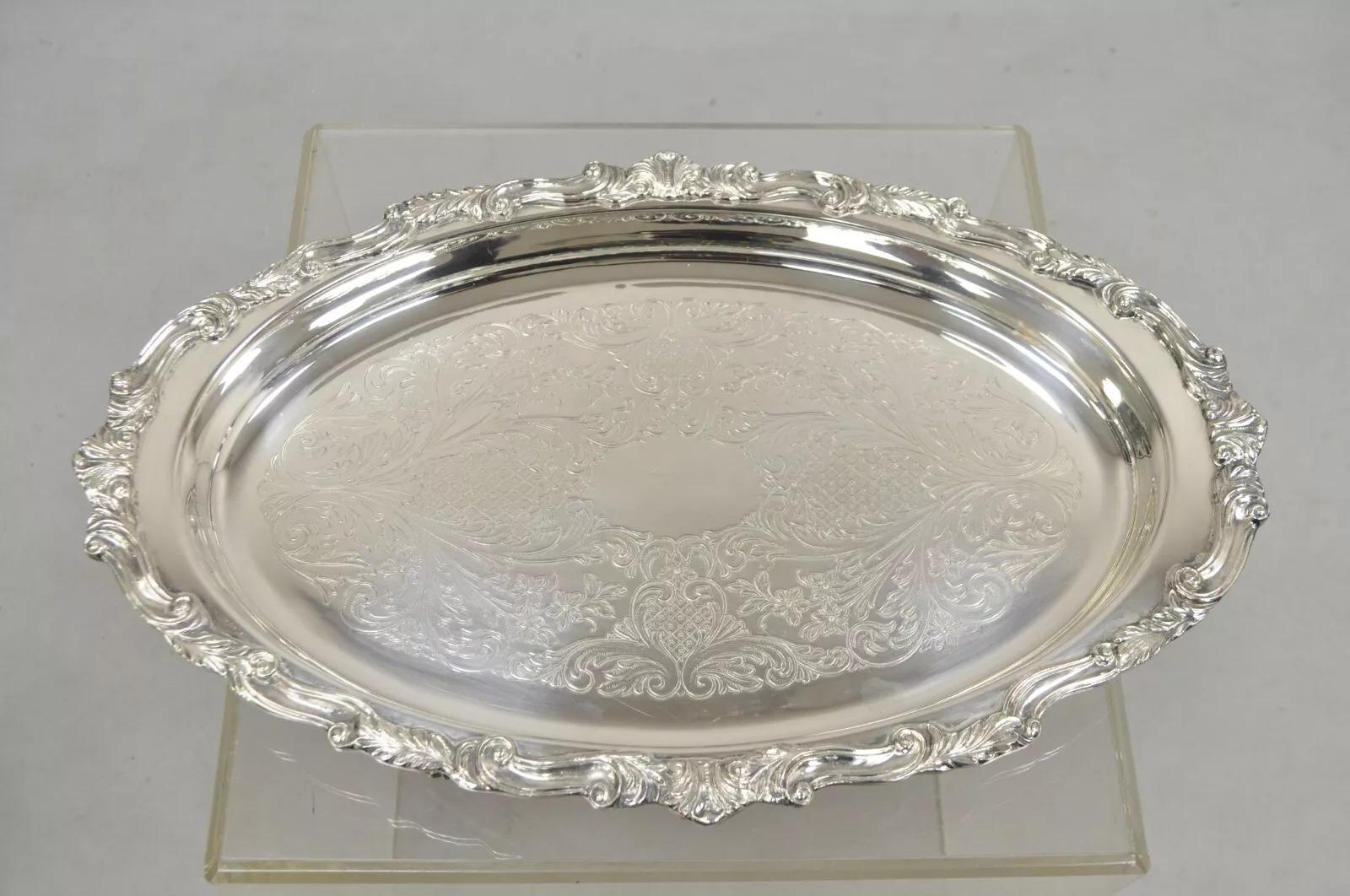 Vintage Sheridan Victorian Silver Plated Oval Deep Form Serving Platter Dish Raised on Feet. Circa Mid 20th Century. Dimensions : 2,5