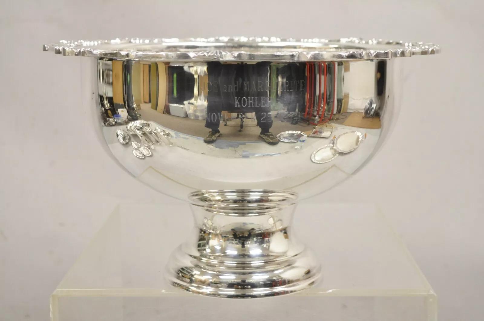 Vintage Sheridan Victorian Style Silver Plated Footed Punch Bowl With Engraving that reads 