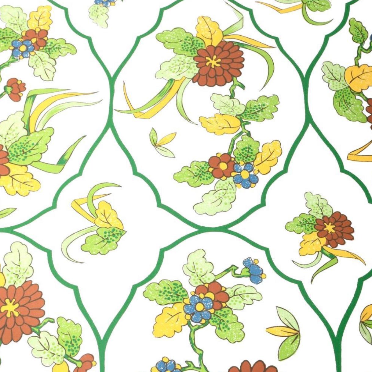 Vintage Sherle Wagner Handprinted Enamel Mums Wallpaper, 1960s, White, Green Red 1