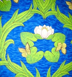 Vintage Sherle Wagner Handprinted Water Lillies Wallpaper, 1960s, Vibrant Blue