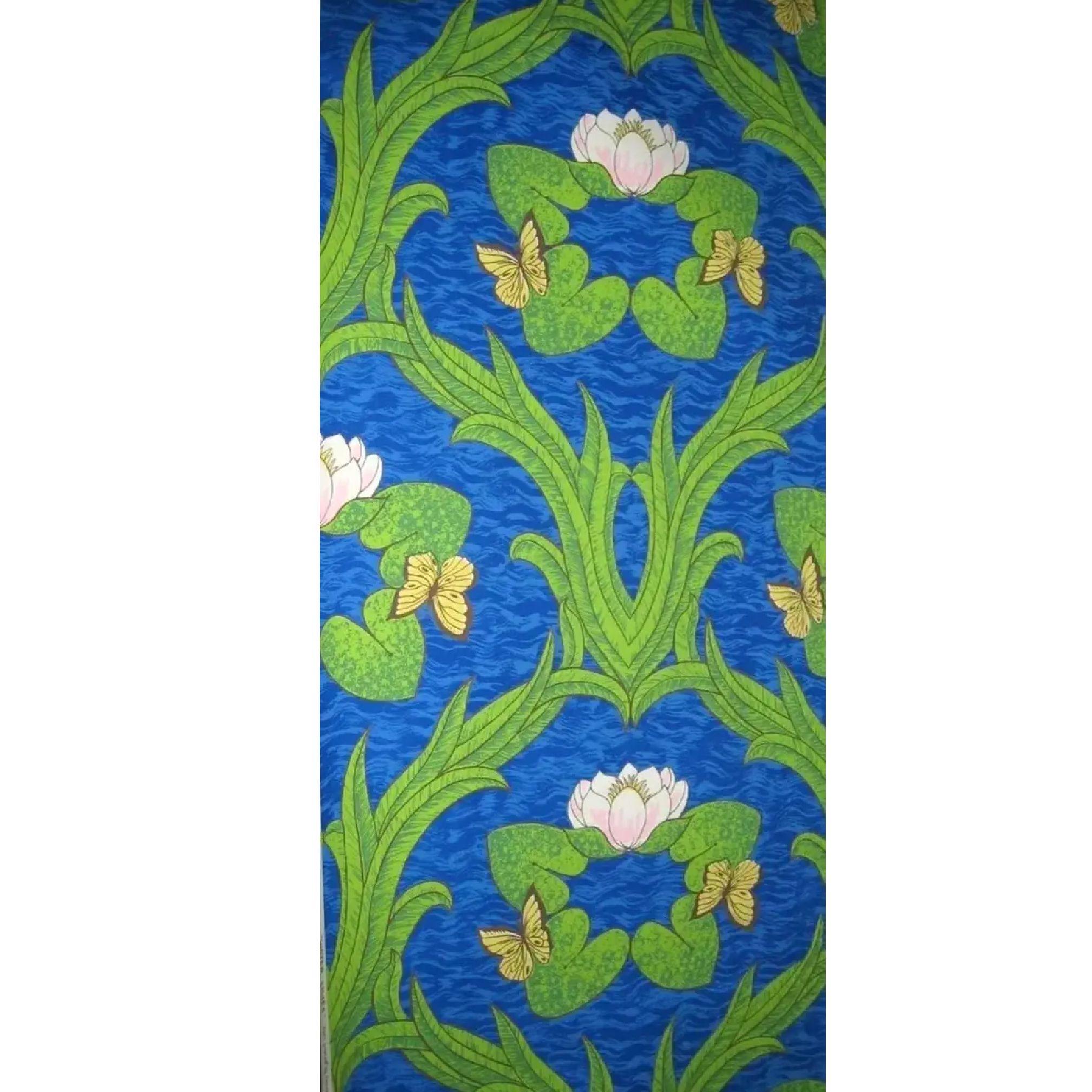 Hollywood Regency Vintage Sherle Wagner Handprinted Water Lillies Wallpaper, 1960s, Vibrant Blue For Sale