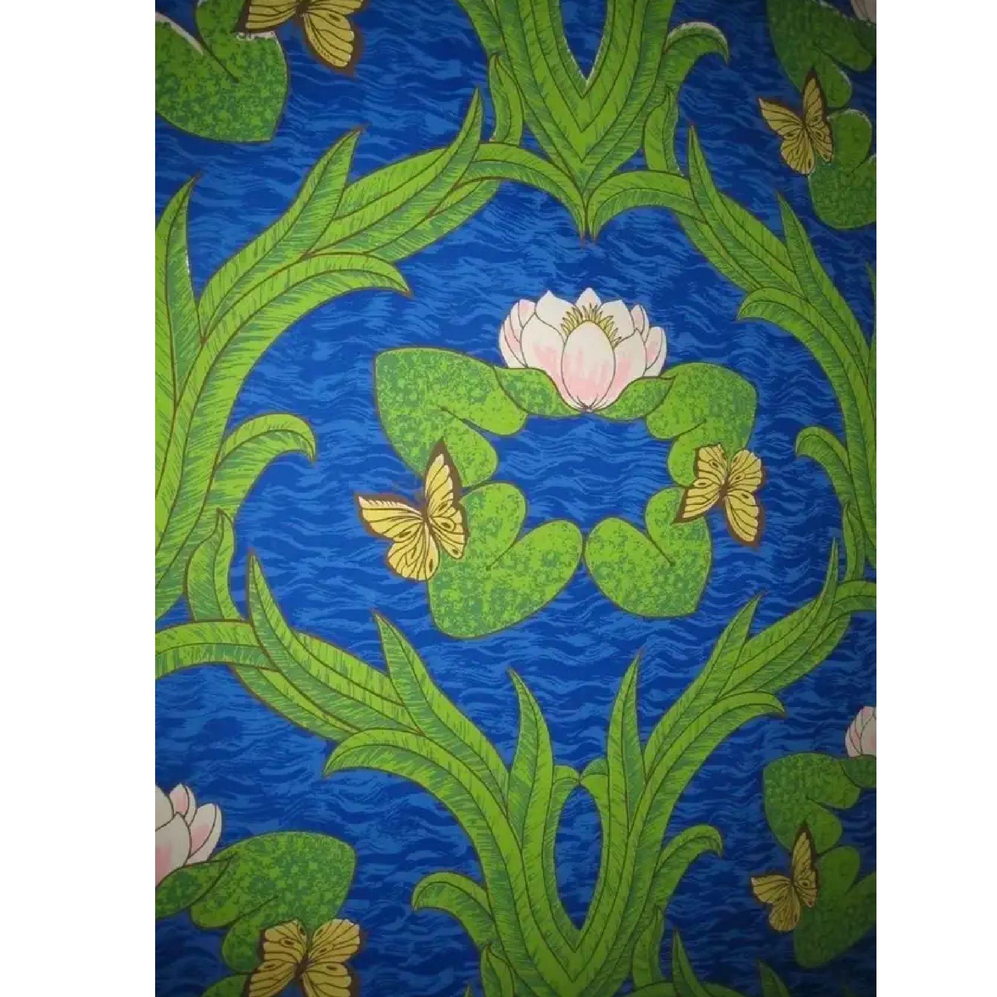 American Vintage Sherle Wagner Handprinted Water Lillies Wallpaper, 1960s, Vibrant Blue For Sale
